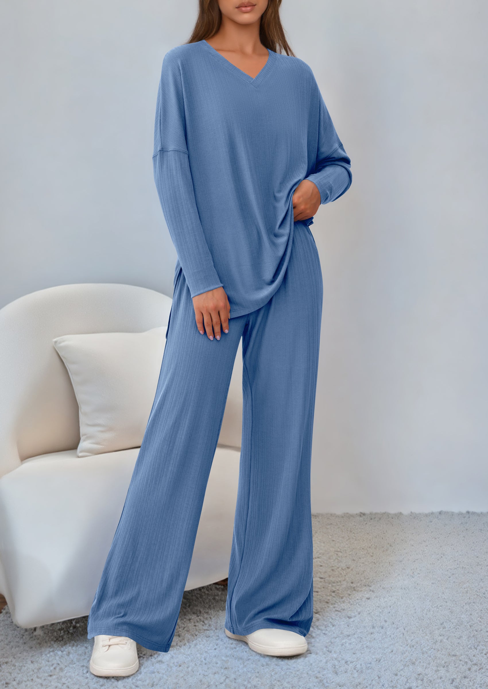 2 Piece Lounge Sets for Women Fall Outfits Casual Loose Long Sleeve Tops Wide Leg Pants Matching Pajama Set