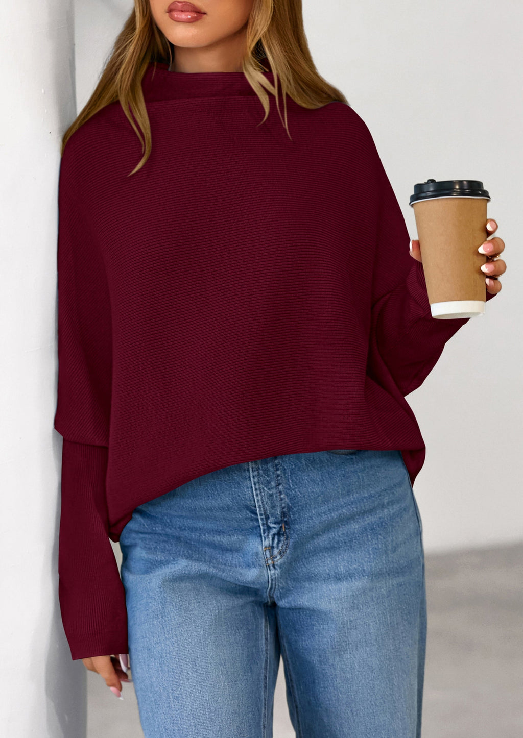 Womens Sweaters Fall Fashion Casual Loose Turtleneck Batwing Long Sleeve Knit Sweater Pullover Tops