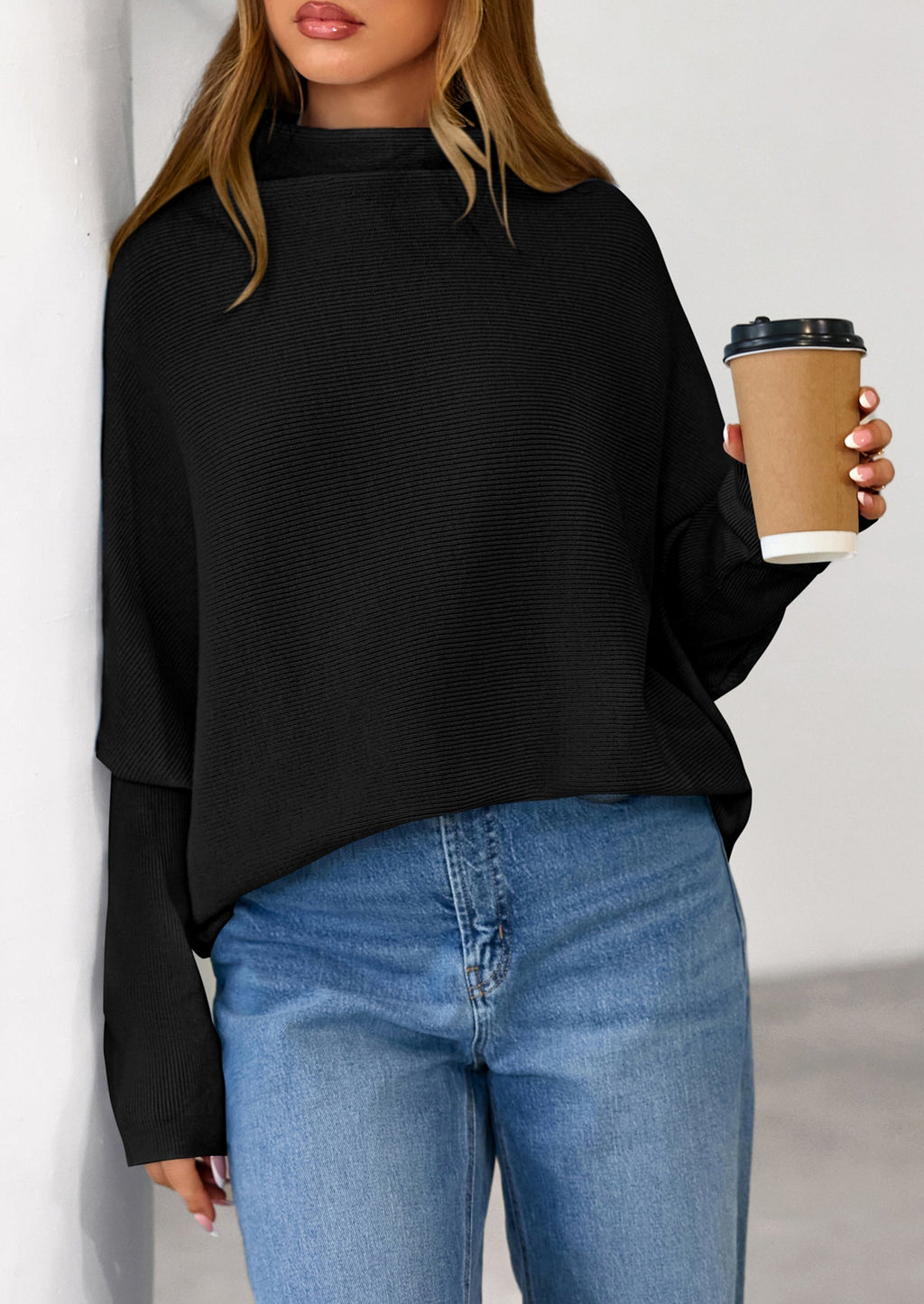 Womens Sweaters Fall Fashion Casual Loose Turtleneck Batwing Long Sleeve Knit Sweater Pullover Tops