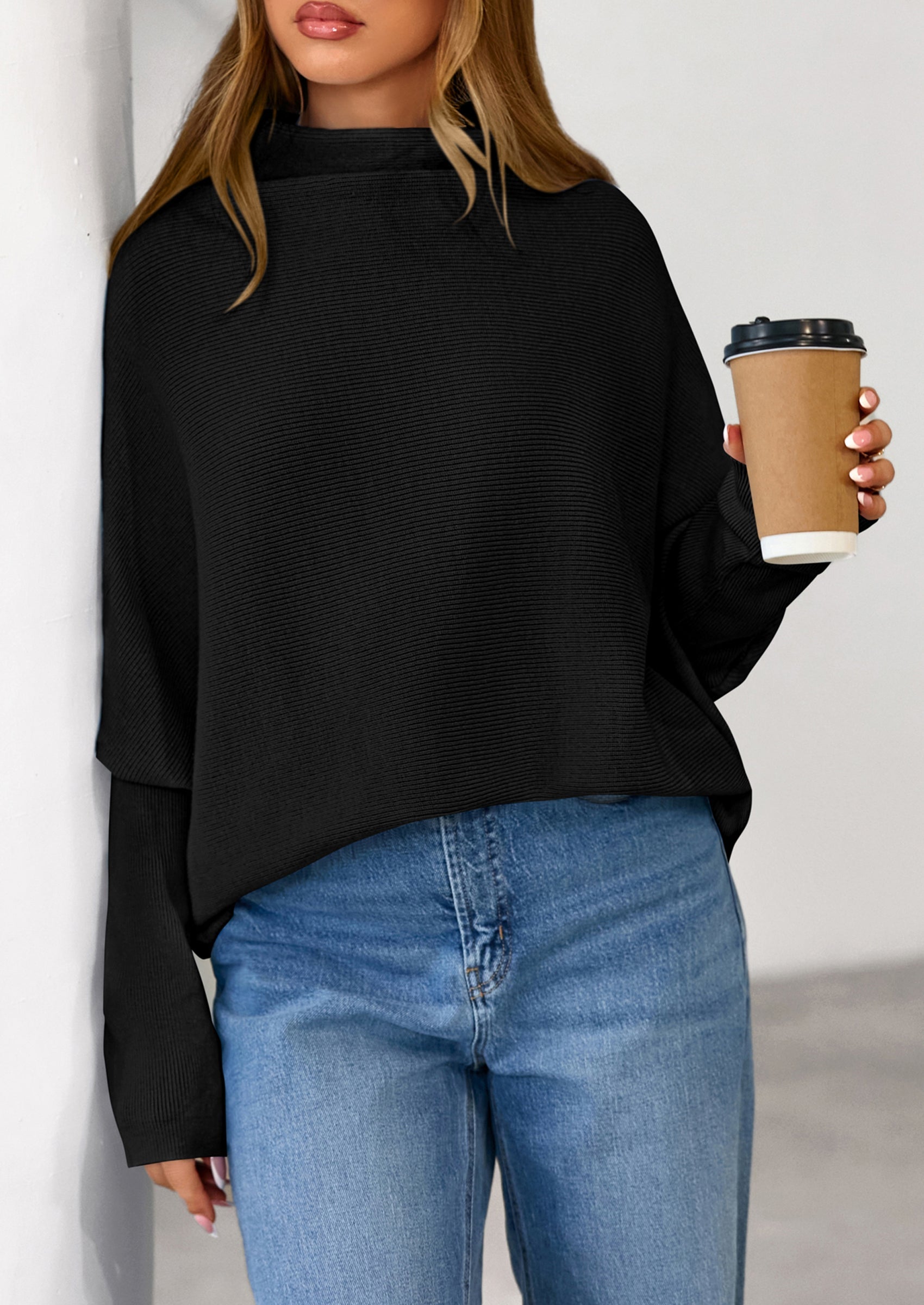 Womens Sweaters Fall Fashion Casual Loose Turtleneck Batwing Long Sleeve Knit Sweater Pullover Tops