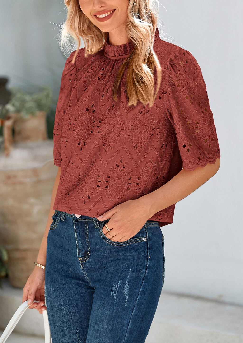 Womens Summer Tops Trendy Short Sleeve Eyelet Embroidered Dressy Casual Blouse Shirts