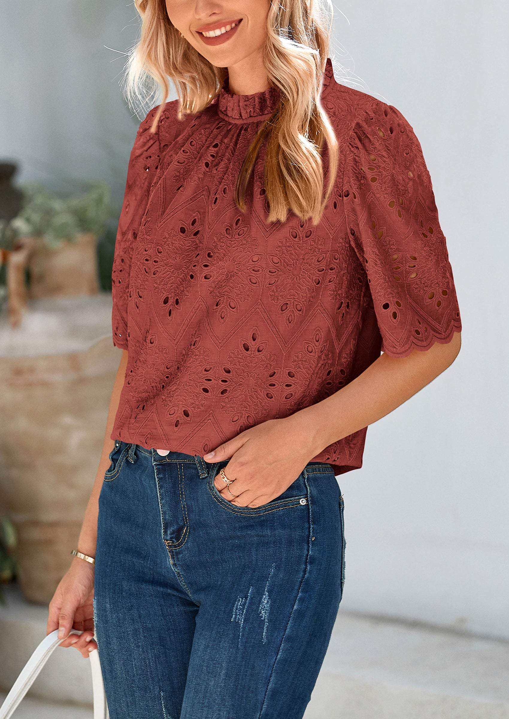 Womens Summer Tops Trendy Short Sleeve Eyelet Embroidered Dressy Casual Blouse Shirts