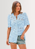 Womens Spring Lace Tops Short Puff Sleeve Casual Dressy Blouses Eyelet Crew Neck Button Down Shirts