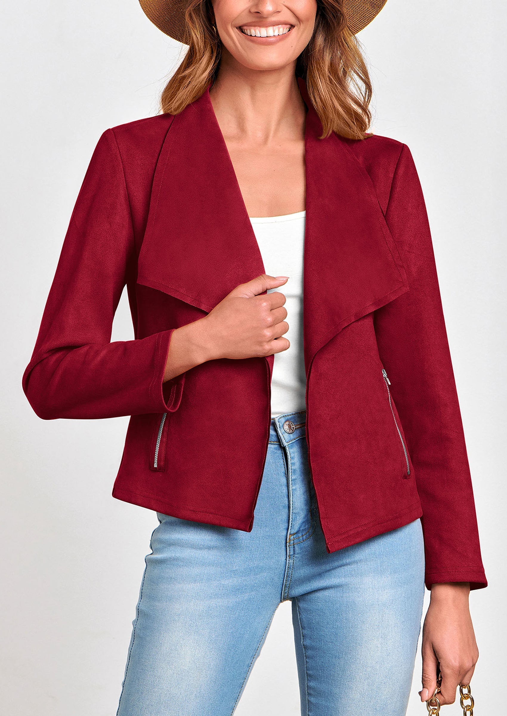 Women's Faux Suede Jackets Fashion Fall Clothes Long Sleeve Open Front Cropped Coat Outwear