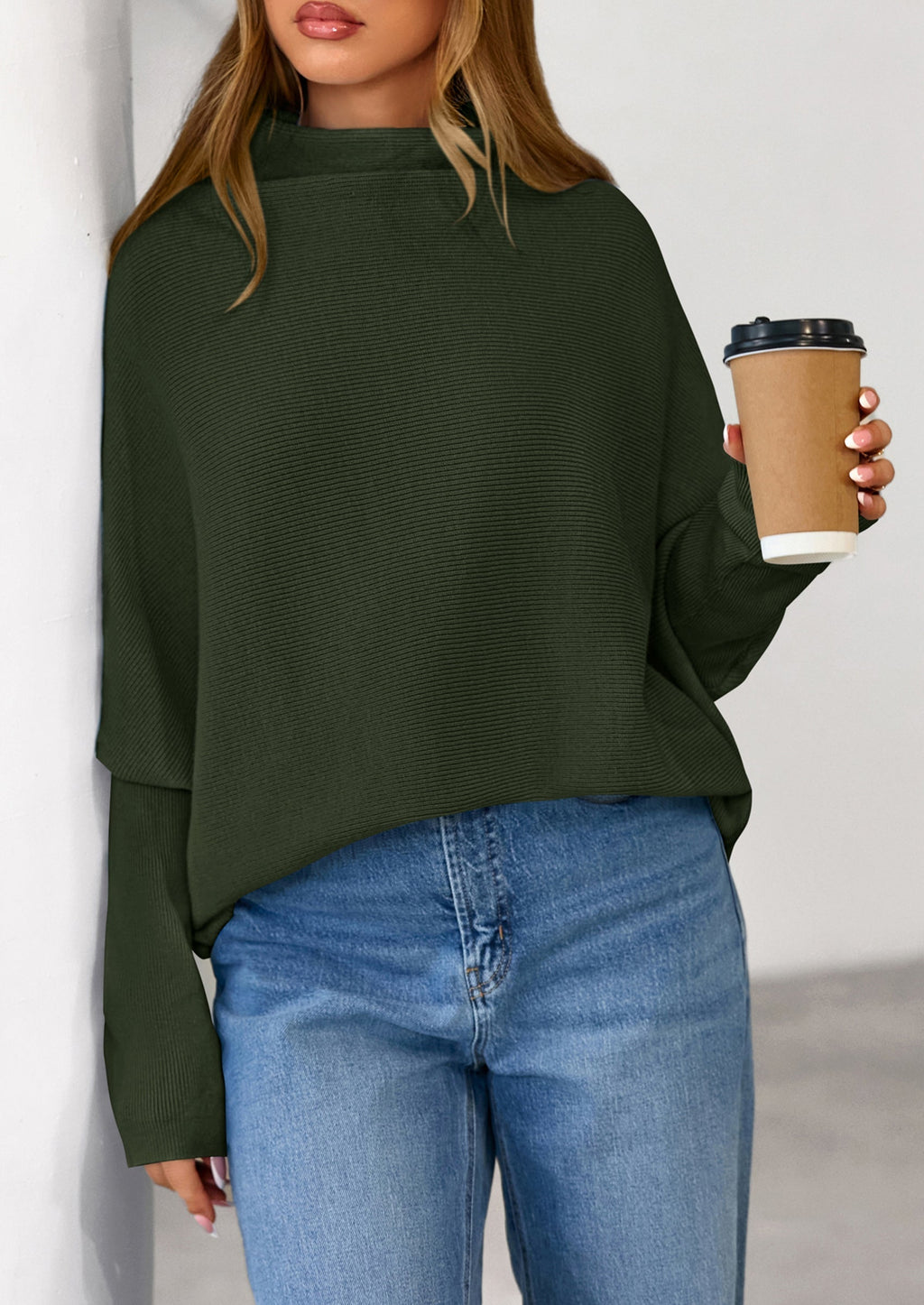 Womens Sweaters Fall Fashion Casual Loose Turtleneck Batwing Long Sleeve Knit Sweater Pullover Tops