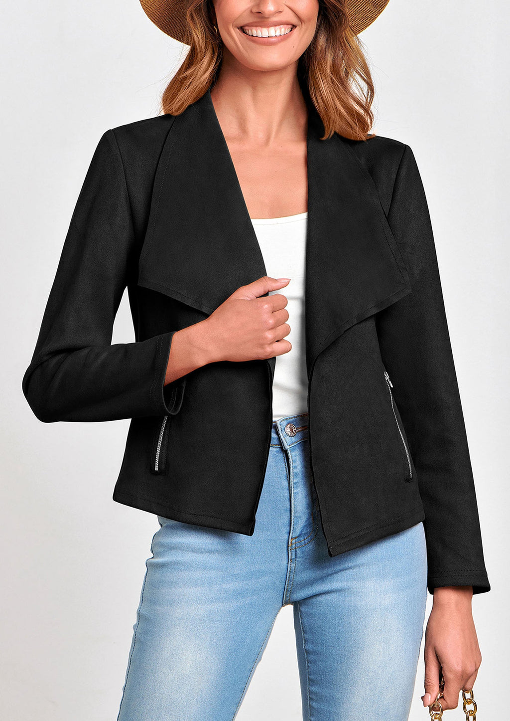 Women's Faux Suede Jackets Fashion Fall Clothes Long Sleeve Open Front Cropped Coat Outwear