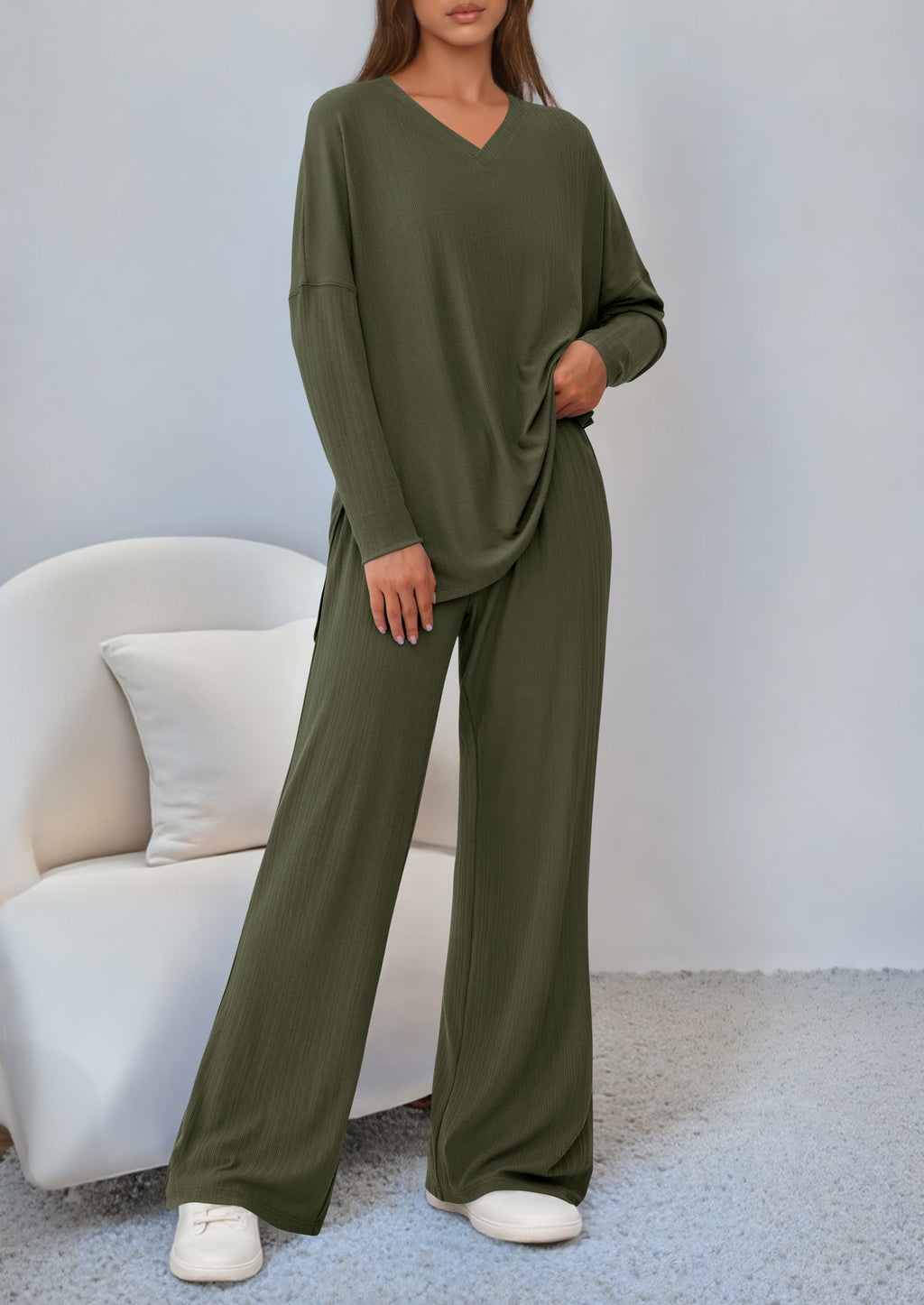 2 Piece Lounge Sets for Women Fall Outfits Casual Loose Long Sleeve Tops Wide Leg Pants Matching Pajama Set