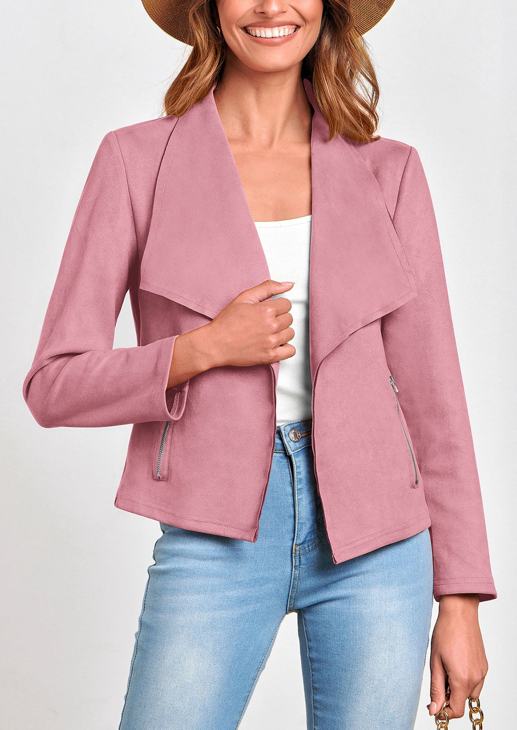 Women's Faux Suede Jackets Fashion Fall Clothes Long Sleeve Open Front Cropped Coat Outwear