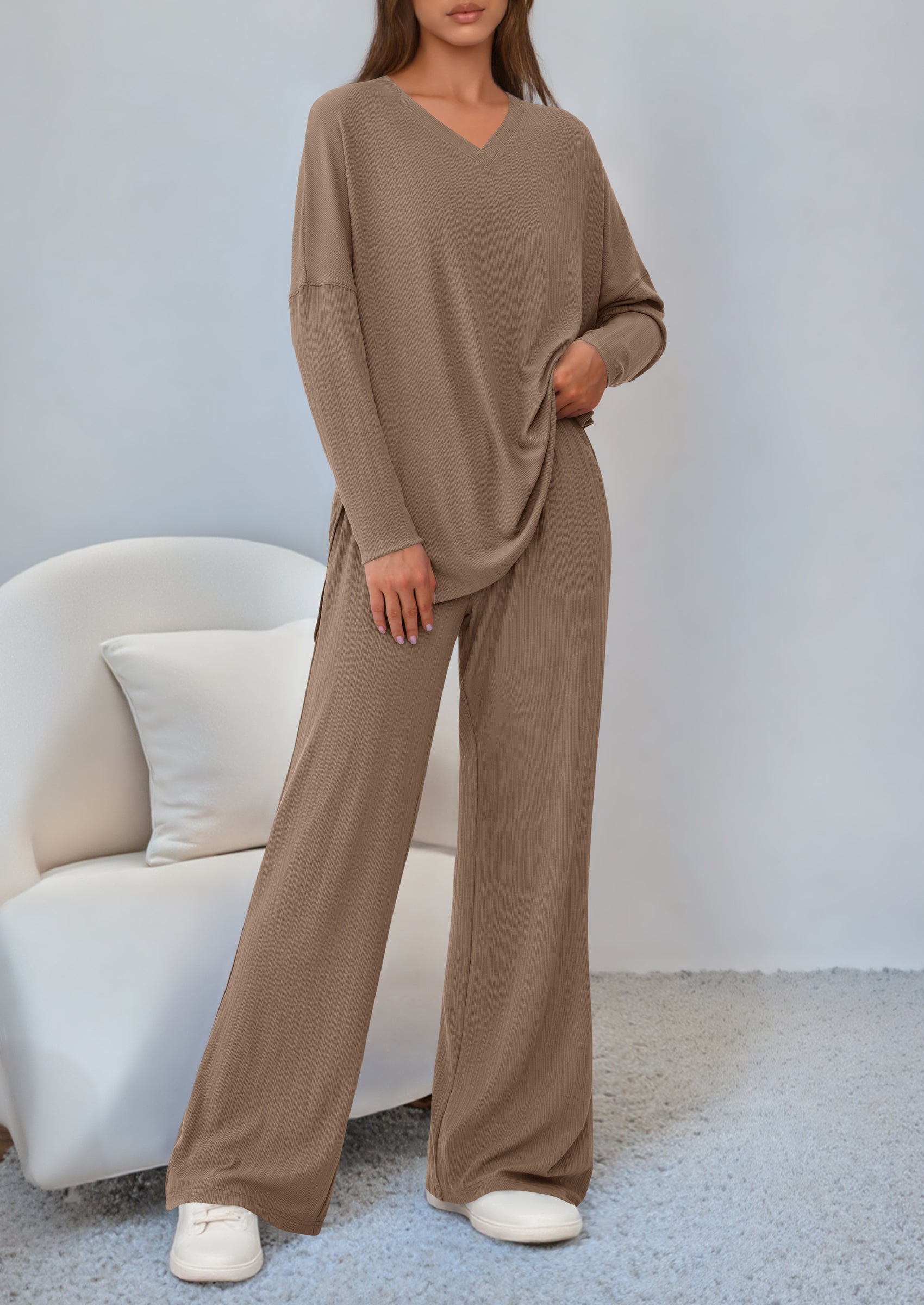 2 Piece Lounge Sets for Women Fall Outfits Casual Loose Long Sleeve Tops Wide Leg Pants Matching Pajama Set