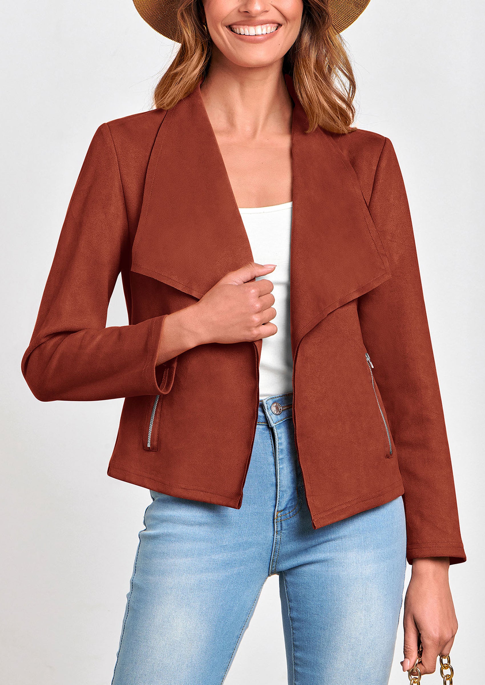 Women's Faux Suede Jackets Fashion Fall Clothes Long Sleeve Open Front Cropped Coat Outwear