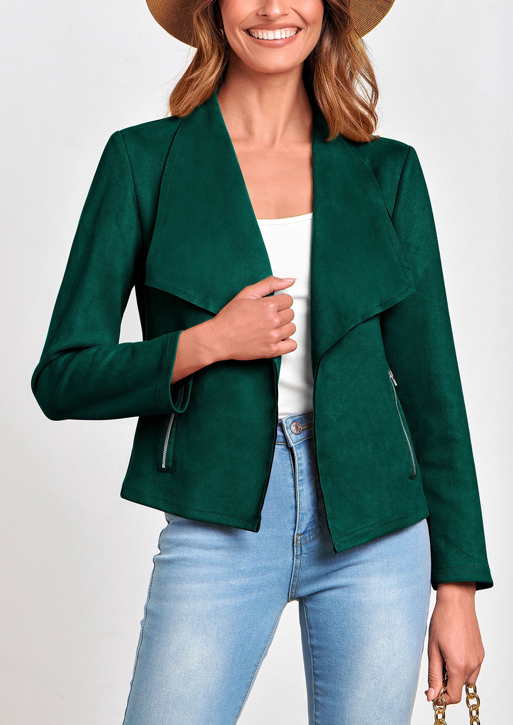 Women's Faux Suede Jackets Fashion Fall Clothes Long Sleeve Open Front Cropped Coat Outwear