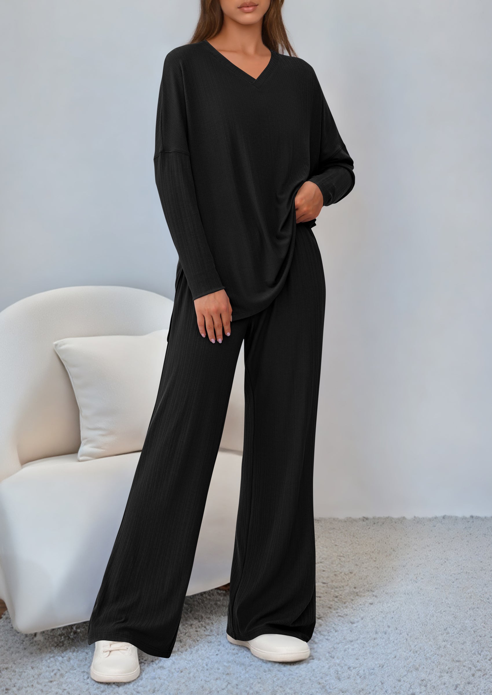 2 Piece Lounge Sets for Women Fall Outfits Casual Loose Long Sleeve Tops Wide Leg Pants Matching Pajama Set