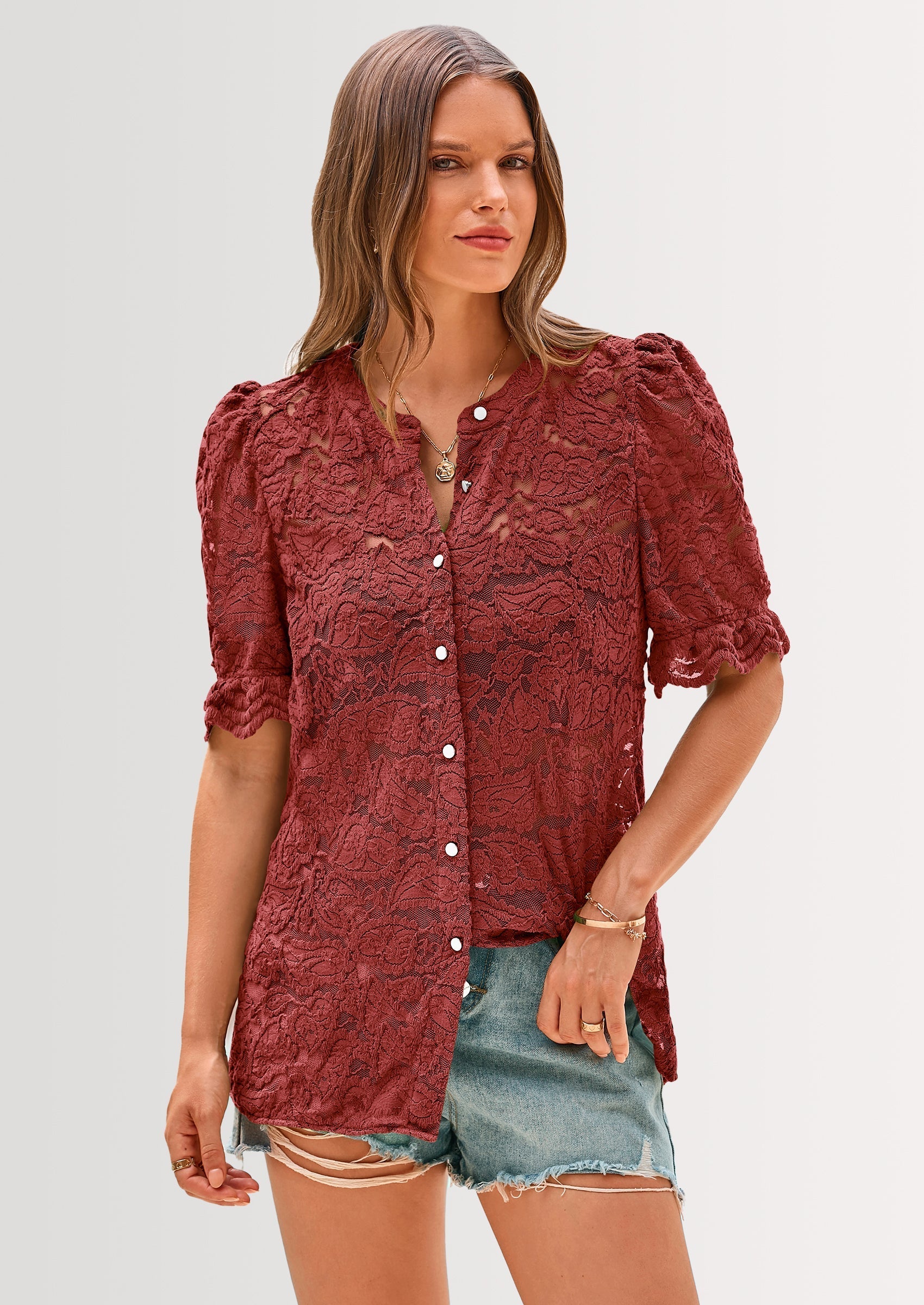 Womens Spring Lace Tops Short Puff Sleeve Casual Dressy Blouses Eyelet Crew Neck Button Down Shirts