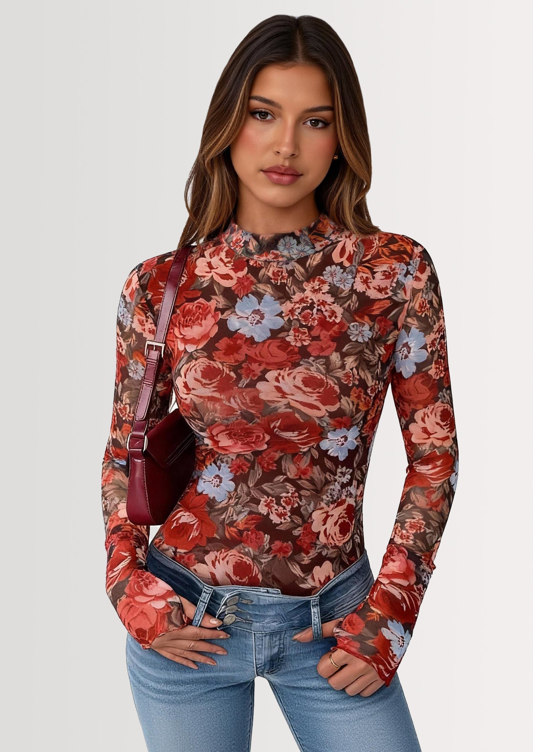 Womens Fall Mesh Floral Blouses Long Sleeve Going Out Tops Slim Fitted Shirts Date Night Outfits