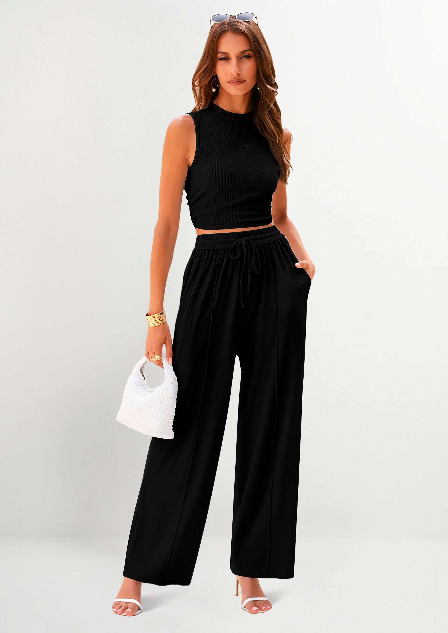 2 Piece Sets Sleeveless Tank Ribbed Travel Vacation Lounge Wear Outfits