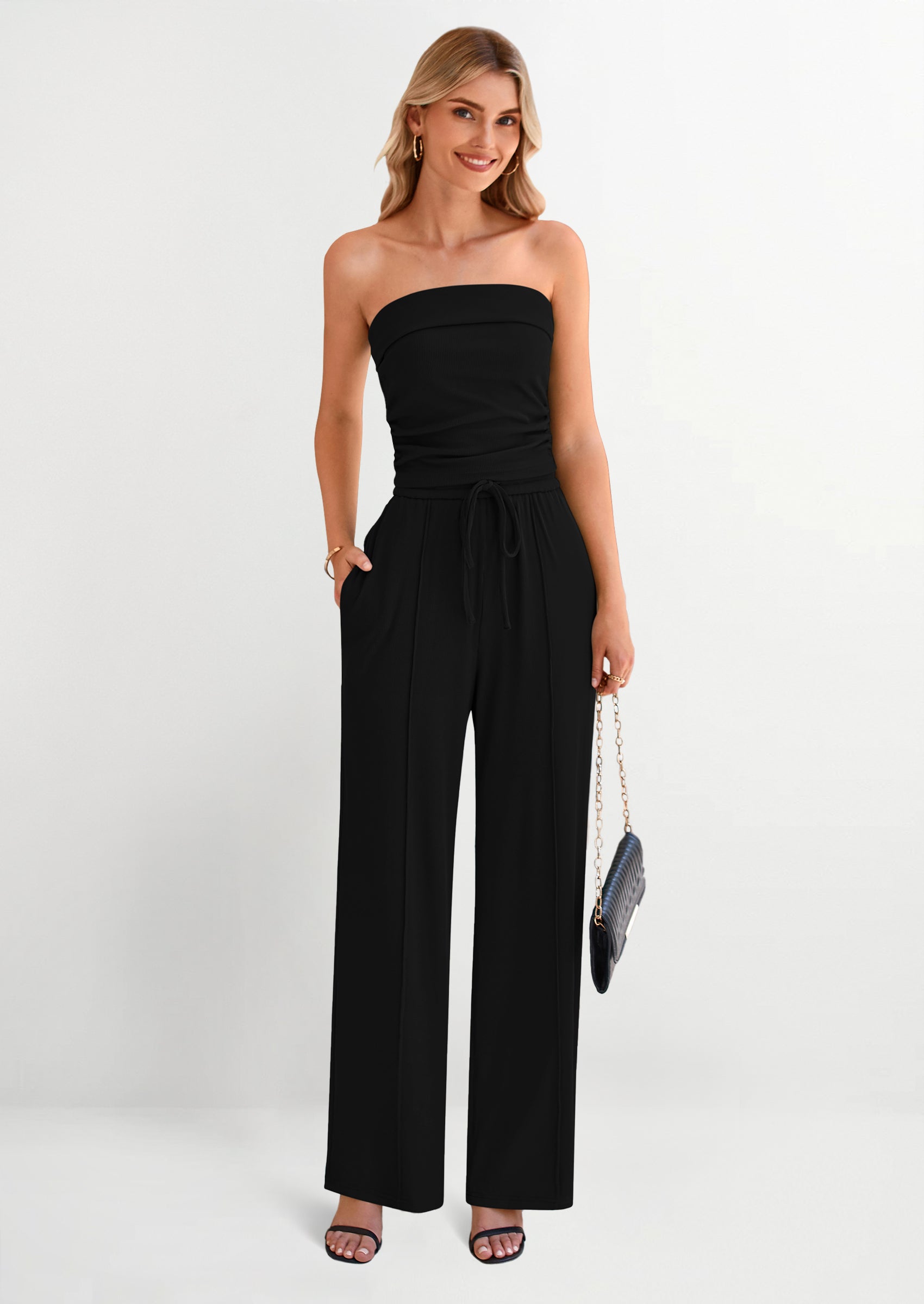 2 Piece Sets Casual Ribbed Knit Crop Tube Top Wide Leg Pants Lounge Set