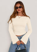 Women's Long Sleeve Shirts Fall Going Out Tops Casual Boat Neck Bell Sleeve Ribbed Ruched Y2K Clothes