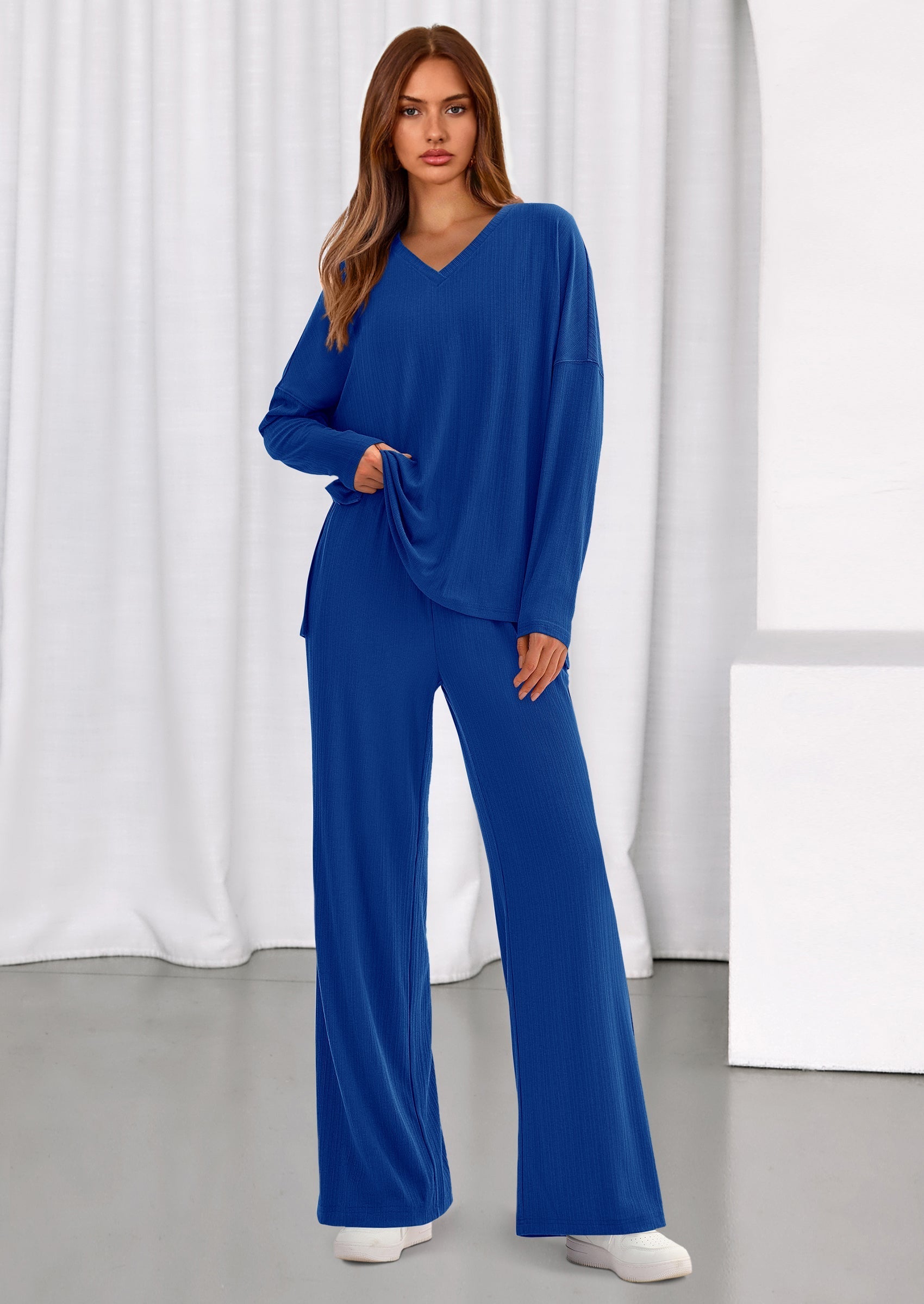 2 Piece Lounge Sets for Women Fall Outfits Casual Loose Long Sleeve Tops Wide Leg Pants Matching Pajama Set