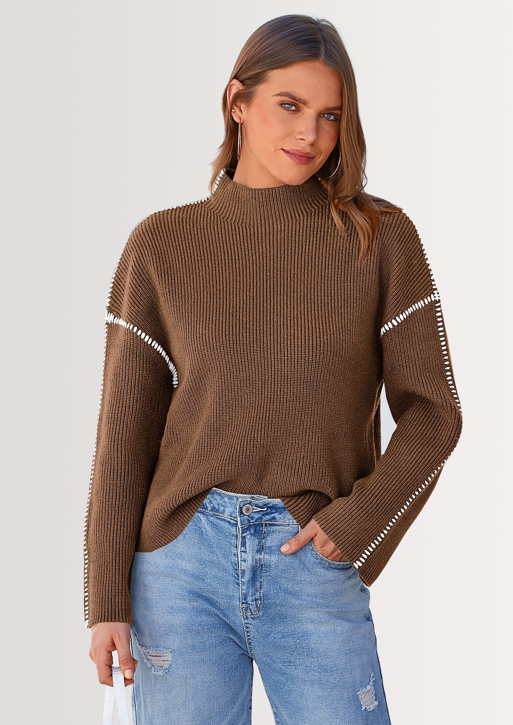 Women's Chunky Knit Sweaters Fall Long Sleeve Mock Neck Oversized Pullover Tops Winter Fashion Clothes