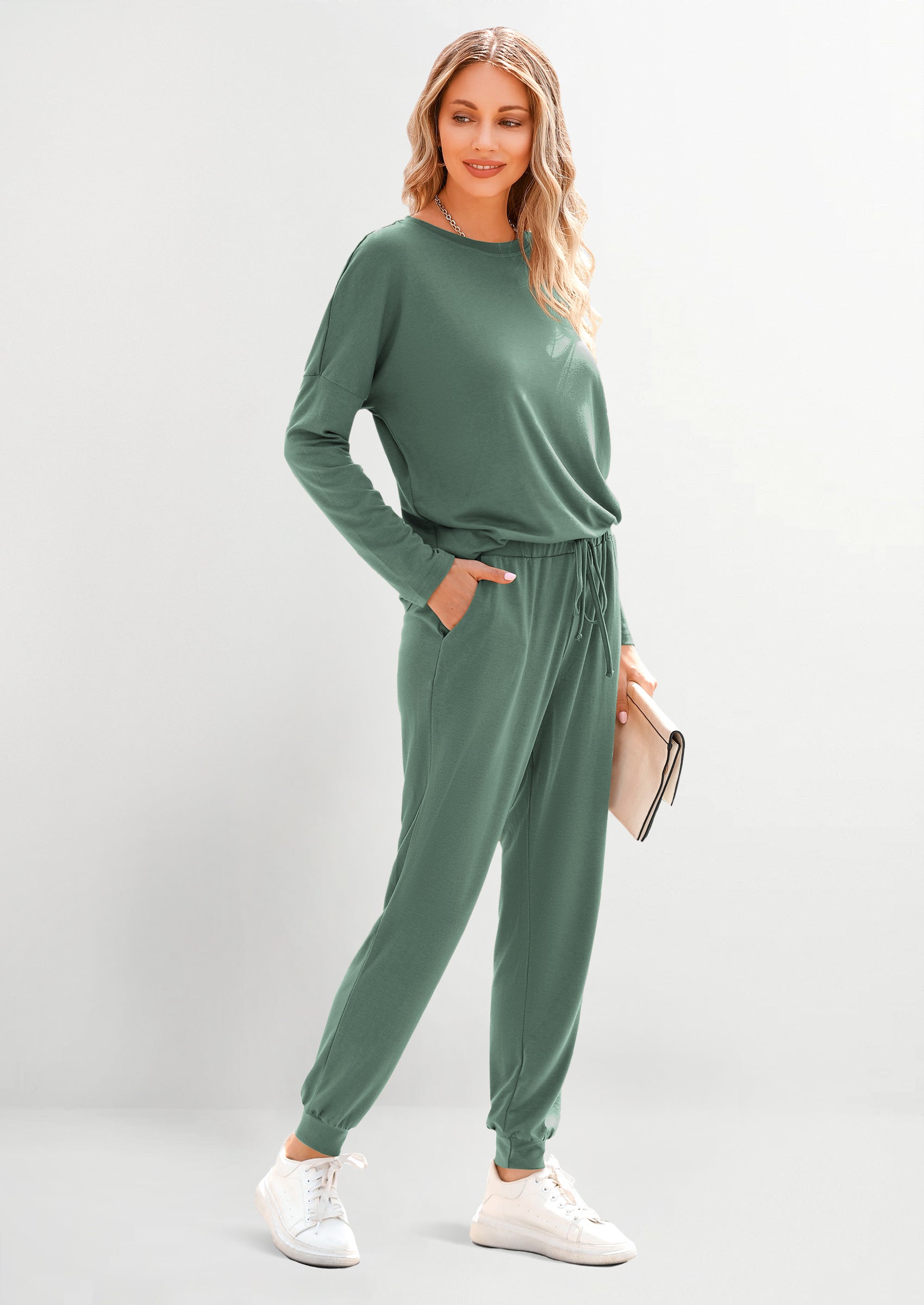 Lounge Outfit Long Sleeve Crewneck Pullover Tops High Waisted Pants Set Tracksuit