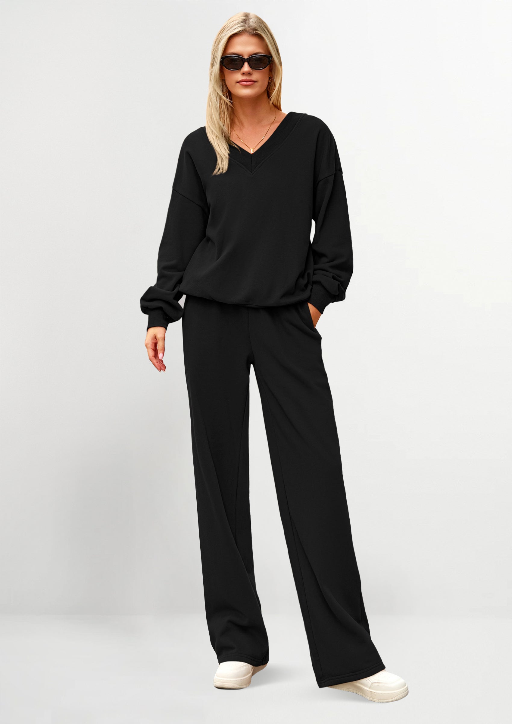 Casual Winter Two Piece Sets for Women V Neck Sweatshirt Loose Wide Leg Pants Tracksuit Knit Fall Outfits