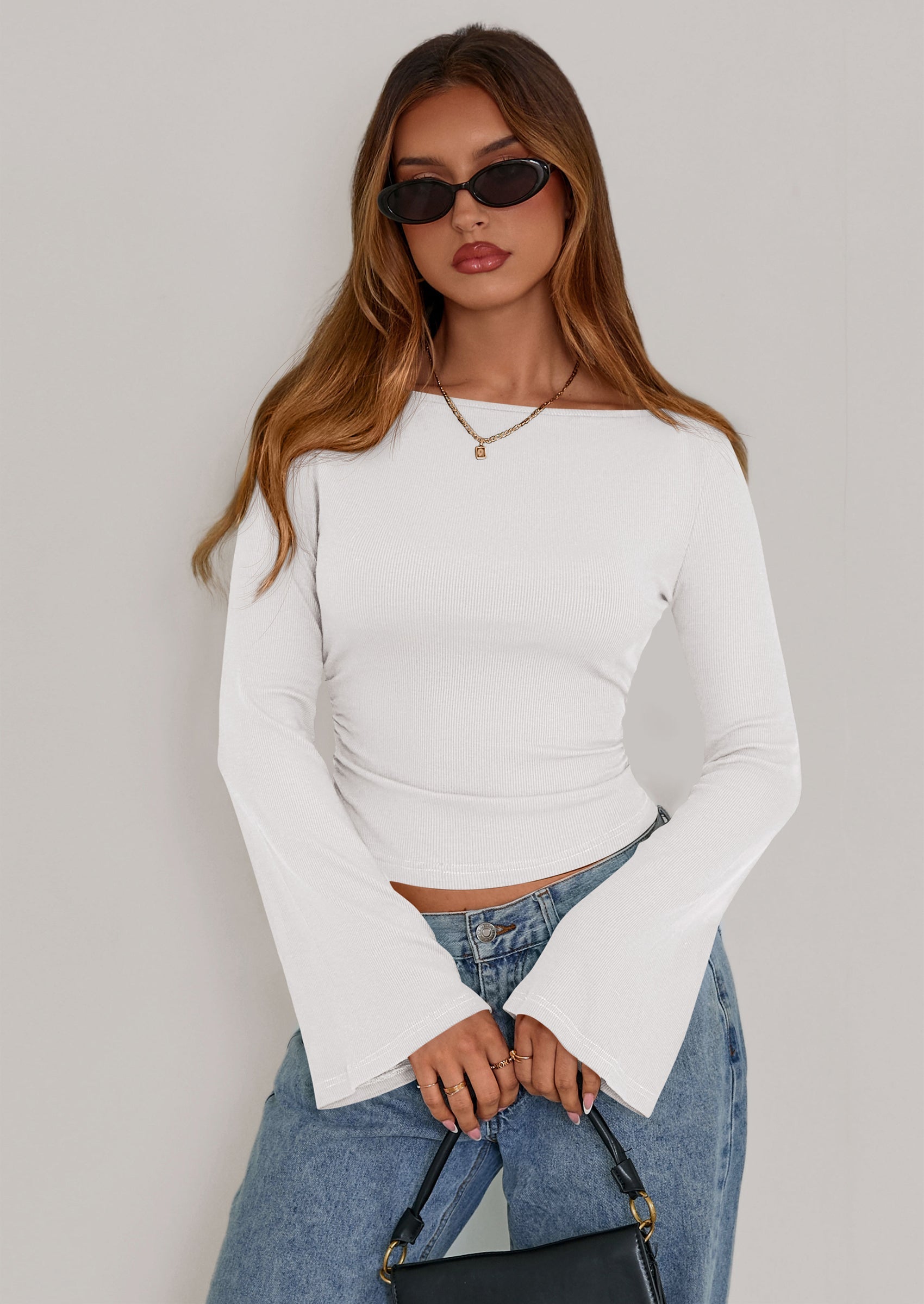 Women's Long Sleeve Shirts Fall Going Out Tops Casual Boat Neck Bell Sleeve Ribbed Ruched Y2K Clothes