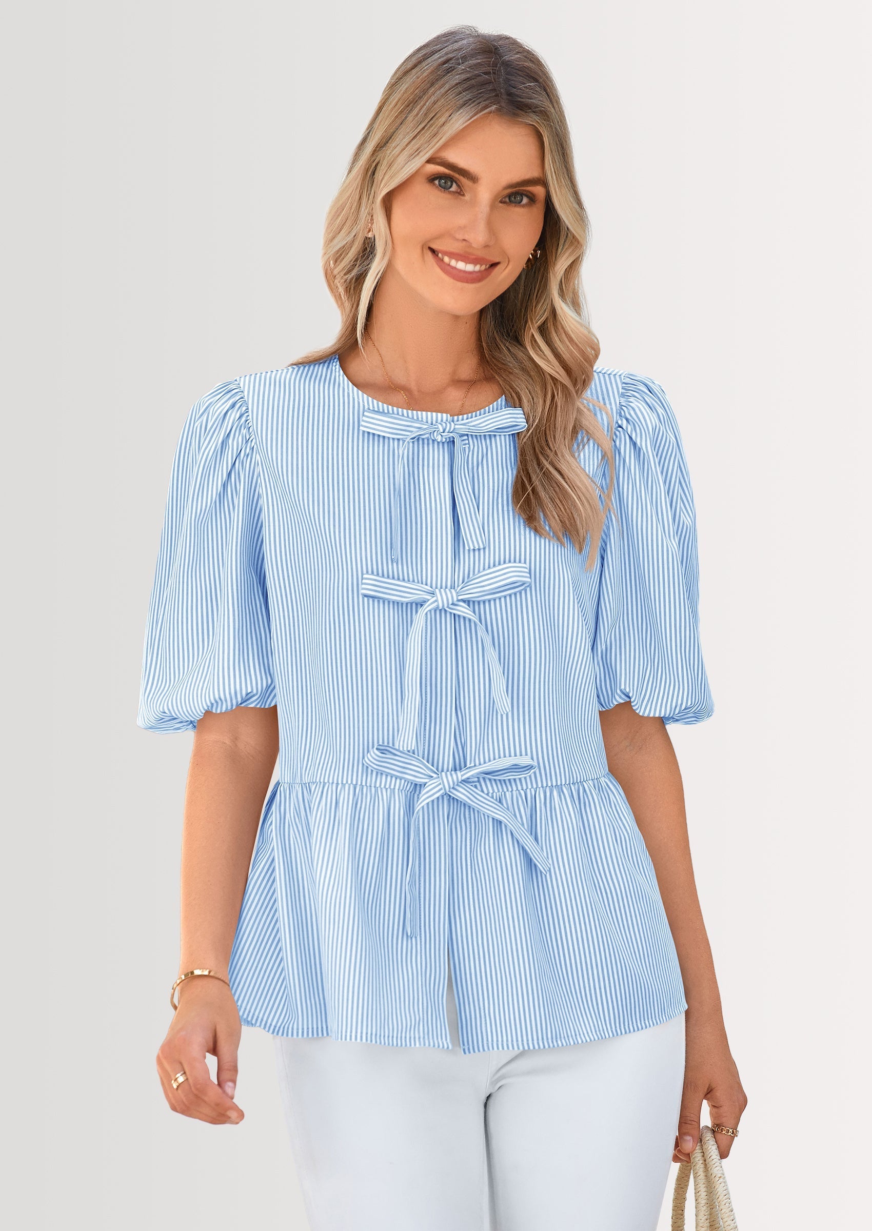Women's Tie Front Striped Shirt Summer Trendy Fashion Cute Babydoll Tops Peplum Puffy Sleeve Blouse