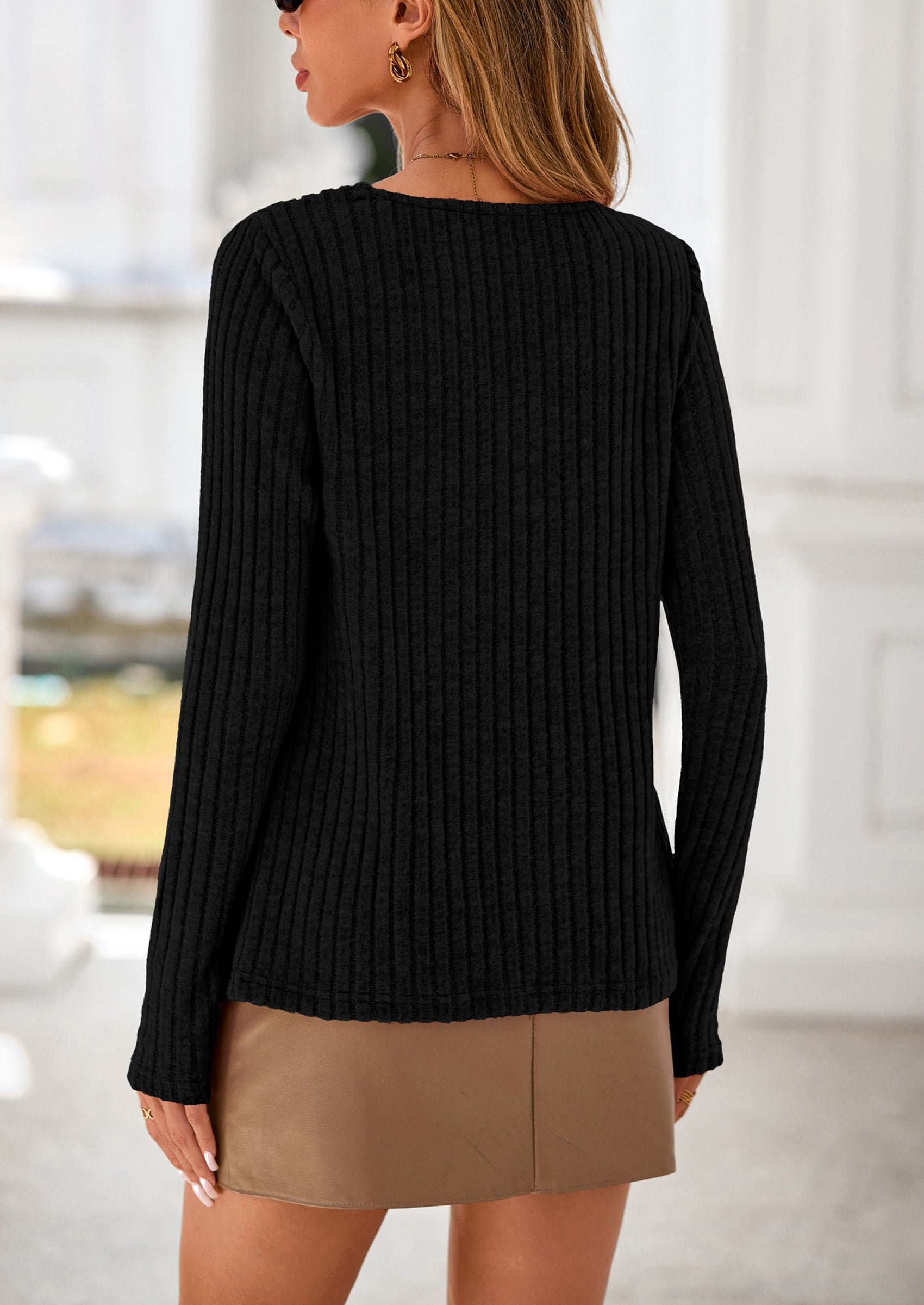 Women's Long Sleeve Shirts Fall Fashion Clothes Casual Ribbed V Neck Loose Tunic Tops Lightweight Sweaters