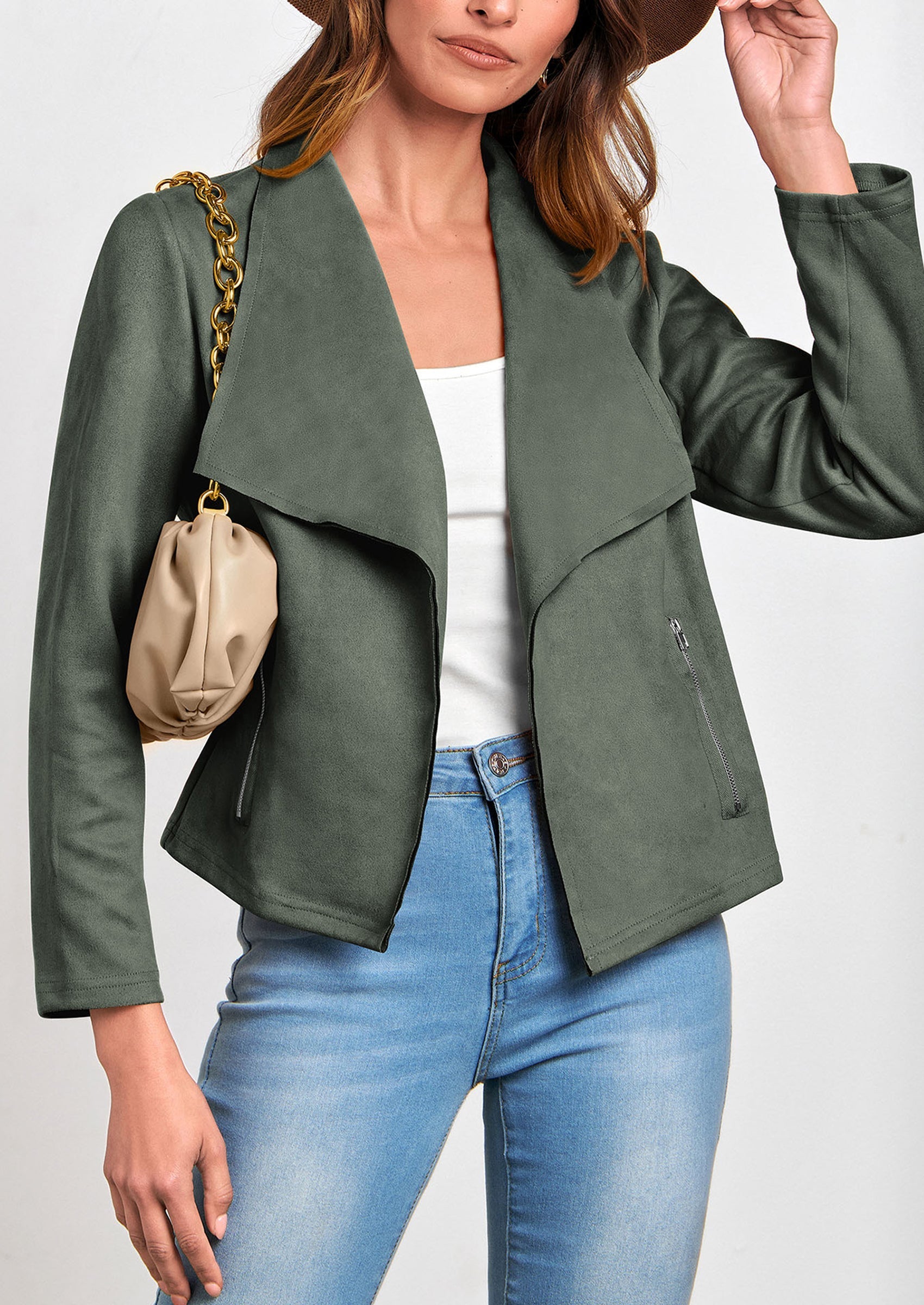 Women's Faux Suede Jackets Fashion Fall Clothes Long Sleeve Open Front Cropped Coat Outwear