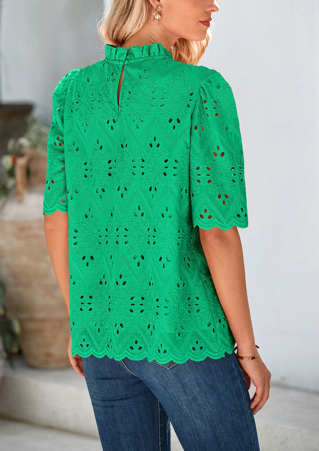 Womens Summer Tops Trendy Short Sleeve Eyelet Embroidered Dressy Casual Blouse Shirts