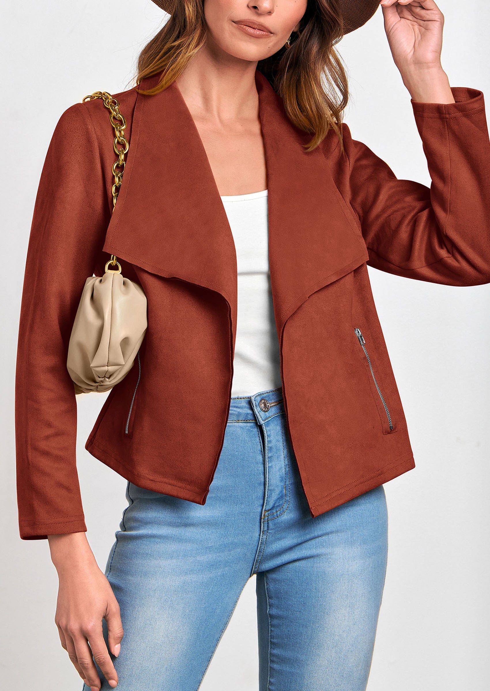 Women's Faux Suede Jackets Fashion Fall Clothes Long Sleeve Open Front Cropped Coat Outwear