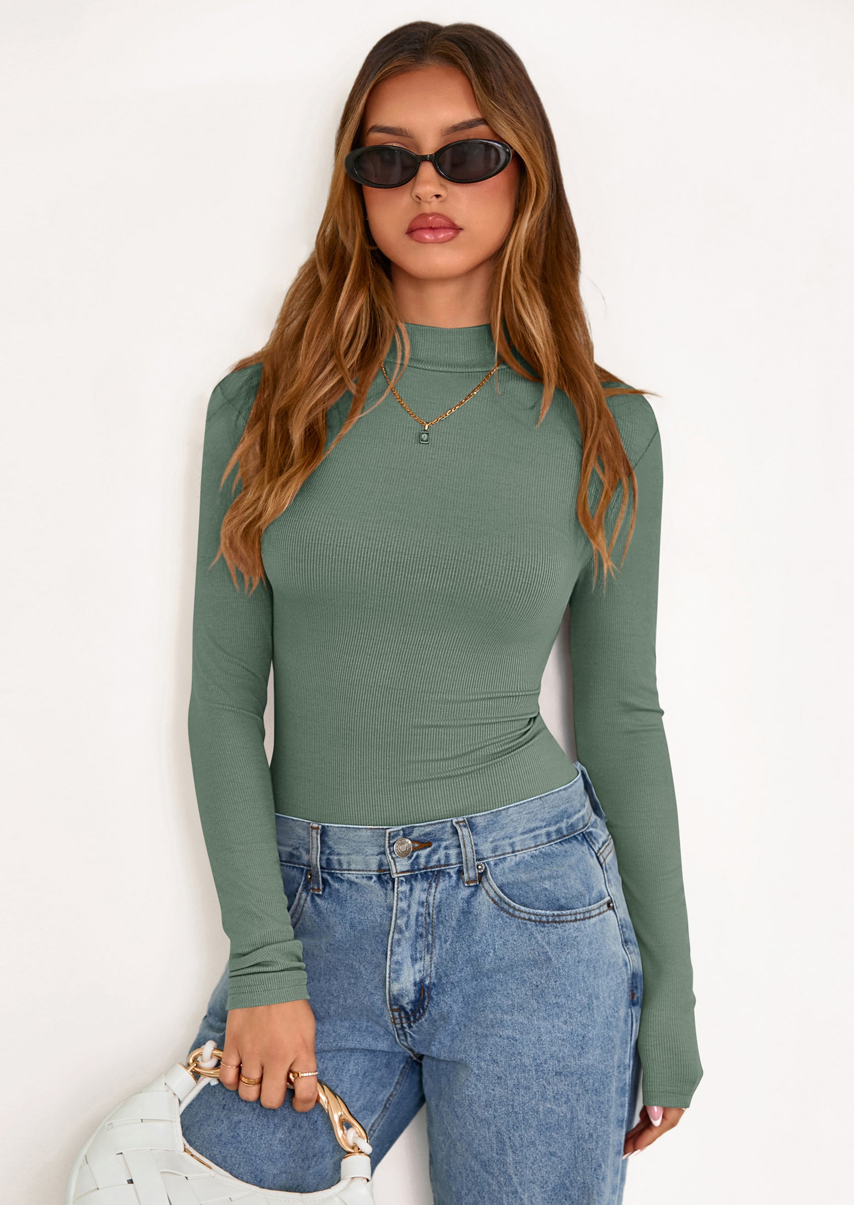 Women's Turtleneck Long Sleeve Shirts Fall Basic Tees Ribbed Fitted Tops Thermal Layering Knit Top Clothes