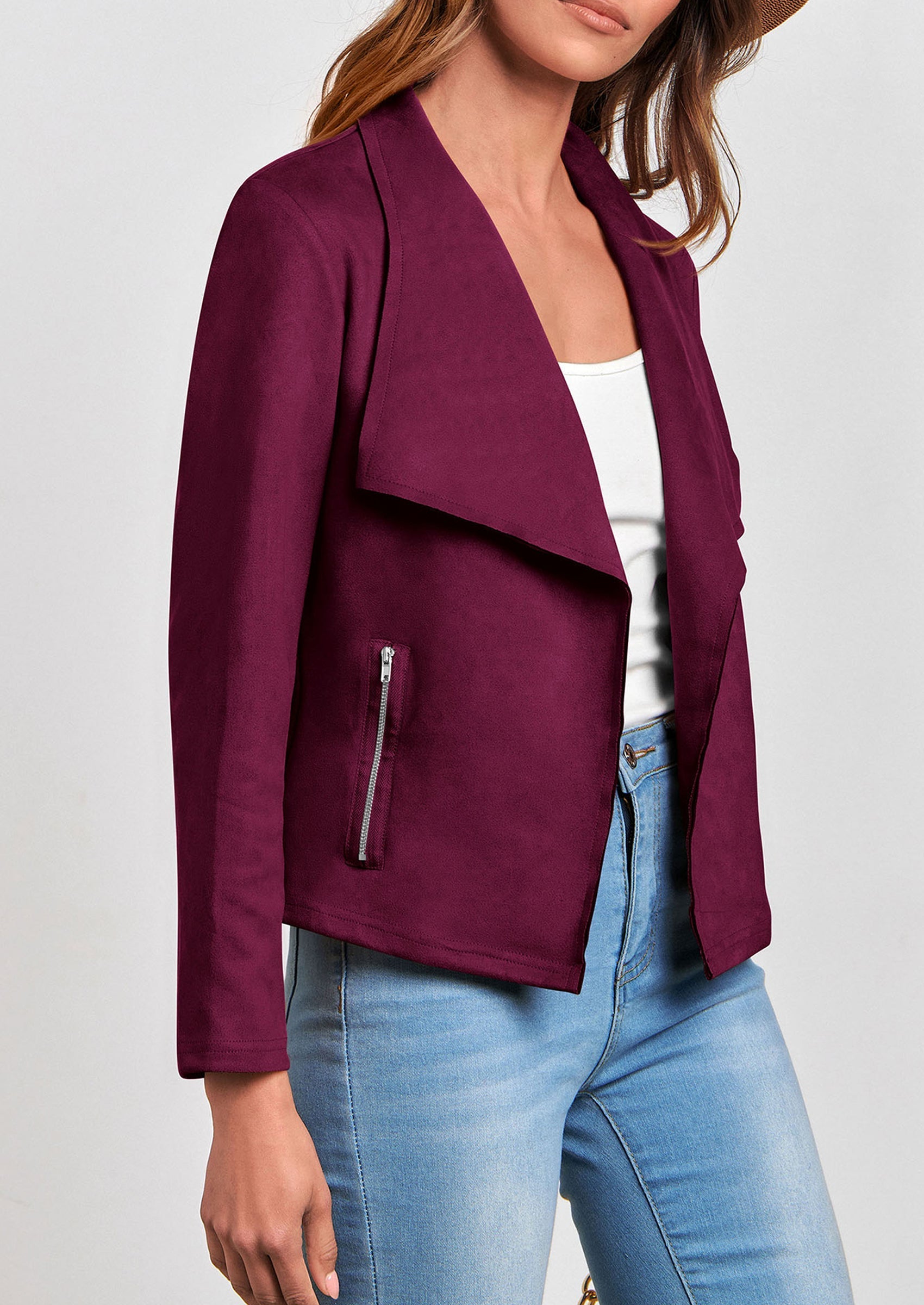 Women's Faux Suede Jackets Fashion Fall Clothes Long Sleeve Open Front Cropped Coat Outwear