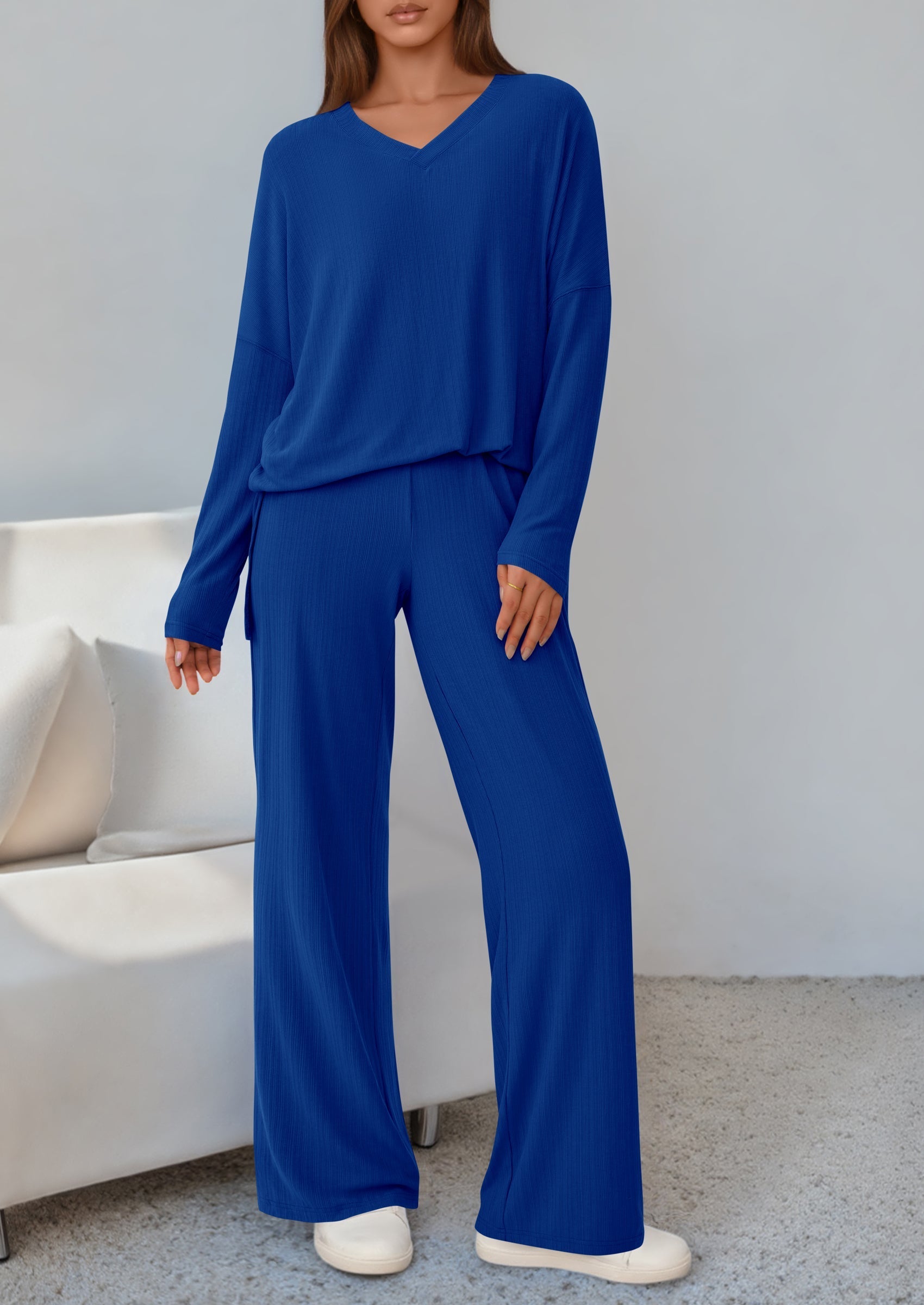 2 Piece Lounge Sets for Women Fall Outfits Casual Loose Long Sleeve Tops Wide Leg Pants Matching Pajama Set