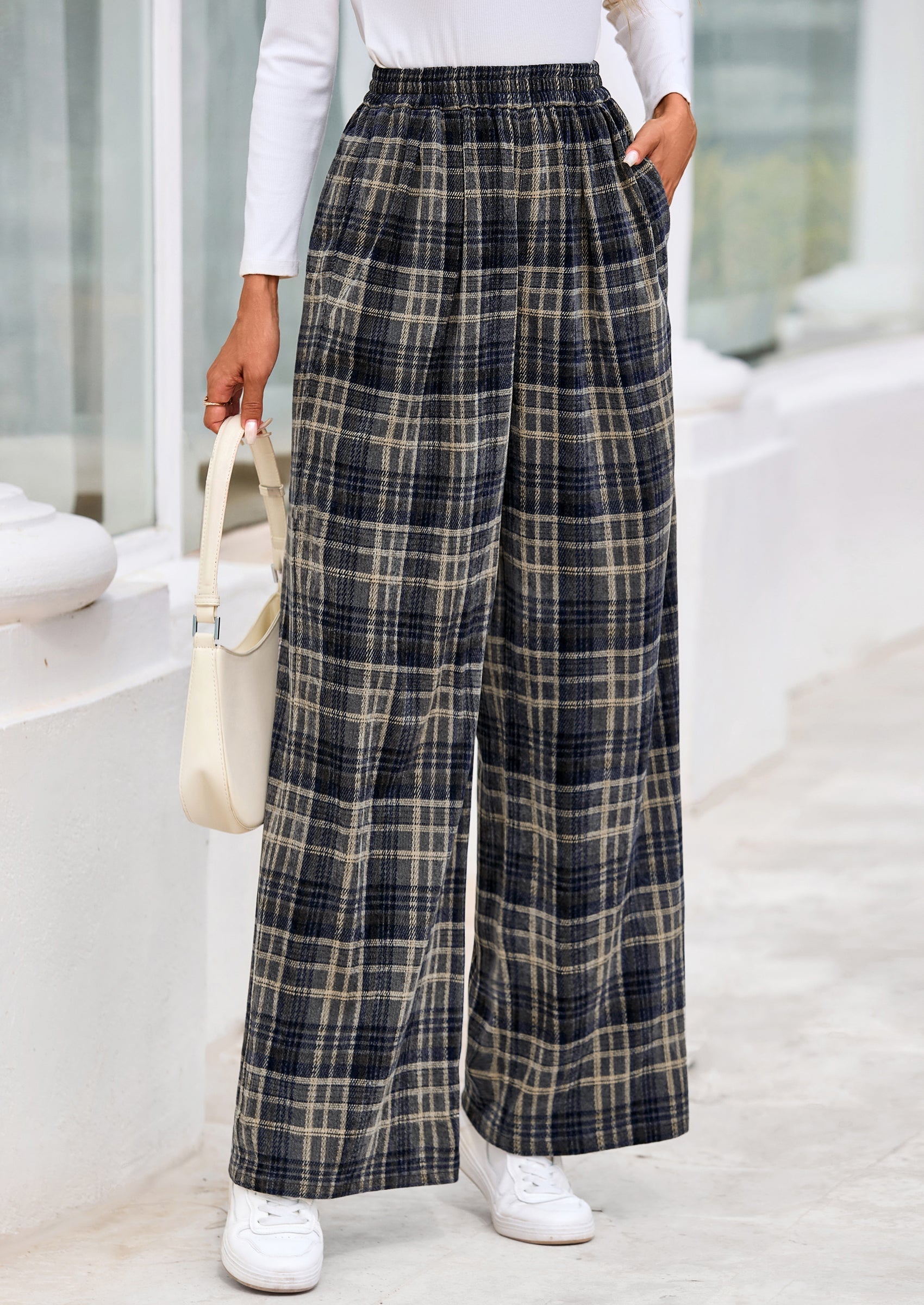 Casual Women's Pants Elastic Waist Palazzo Long Stretchy Wide Leg Trousers Knit Fall Outfits with Pockets