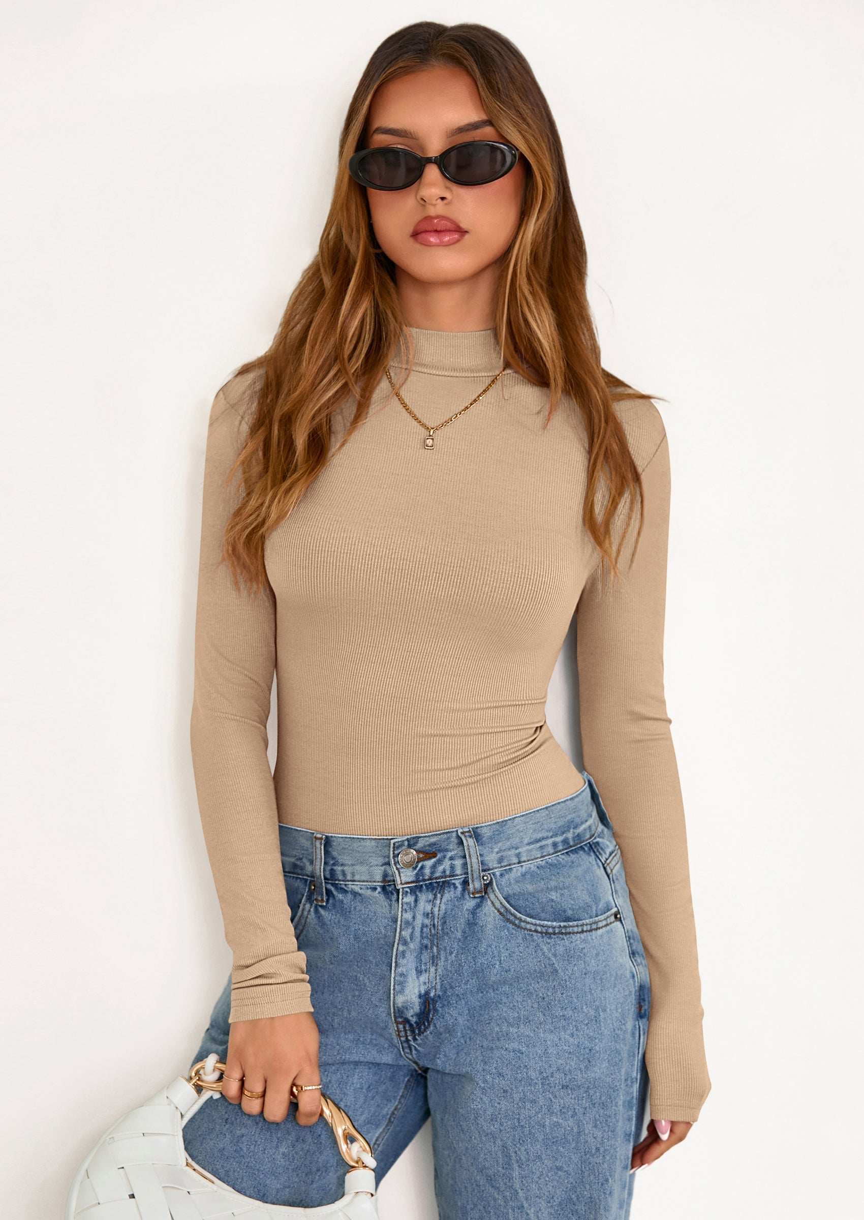 Women's Turtleneck Long Sleeve Shirts Fall Basic Tees Ribbed Fitted Tops Thermal Layering Knit Top Clothes
