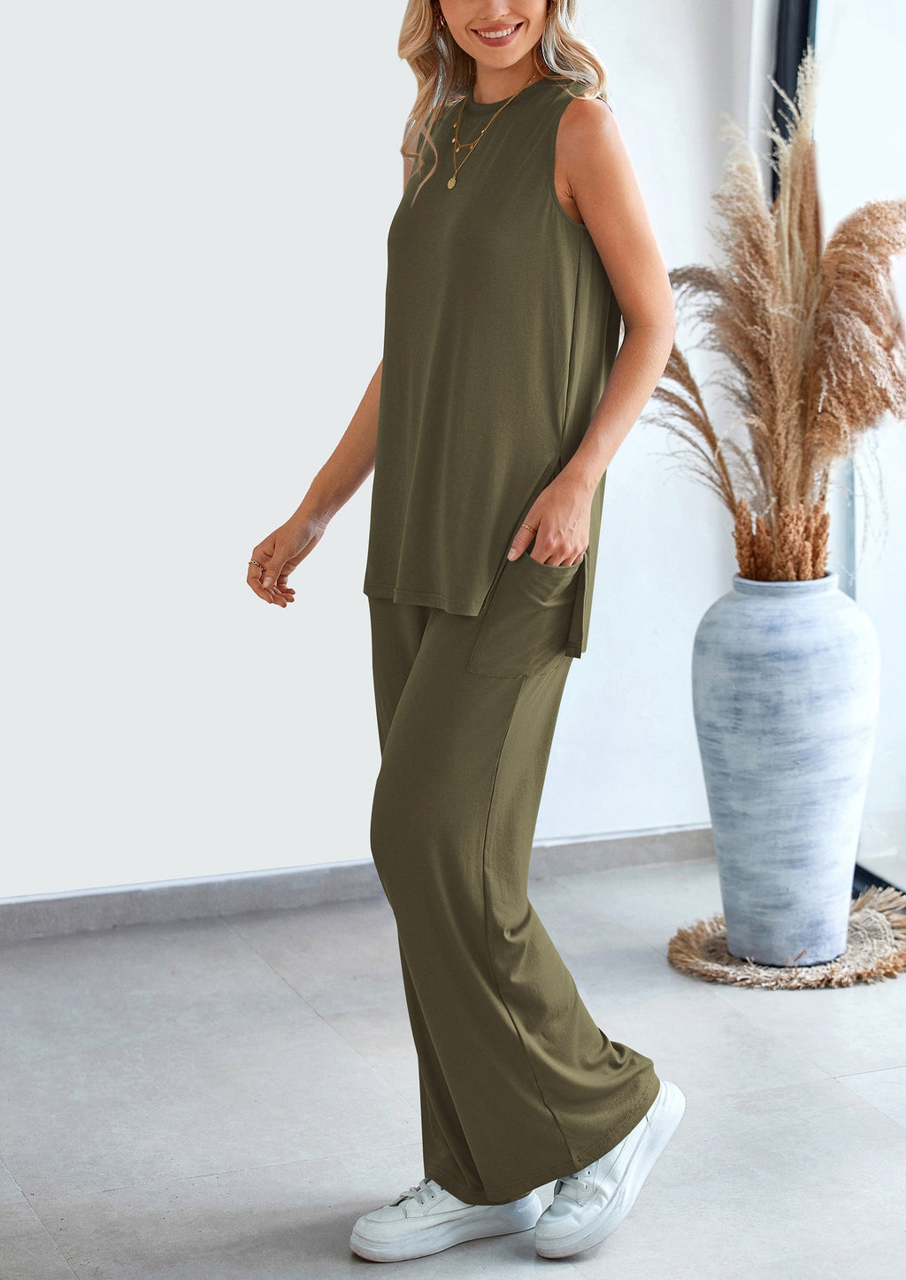 2 Piece Set Loose Tank Top Wide Leg Pants Casual Matching Outfits Tracksuit