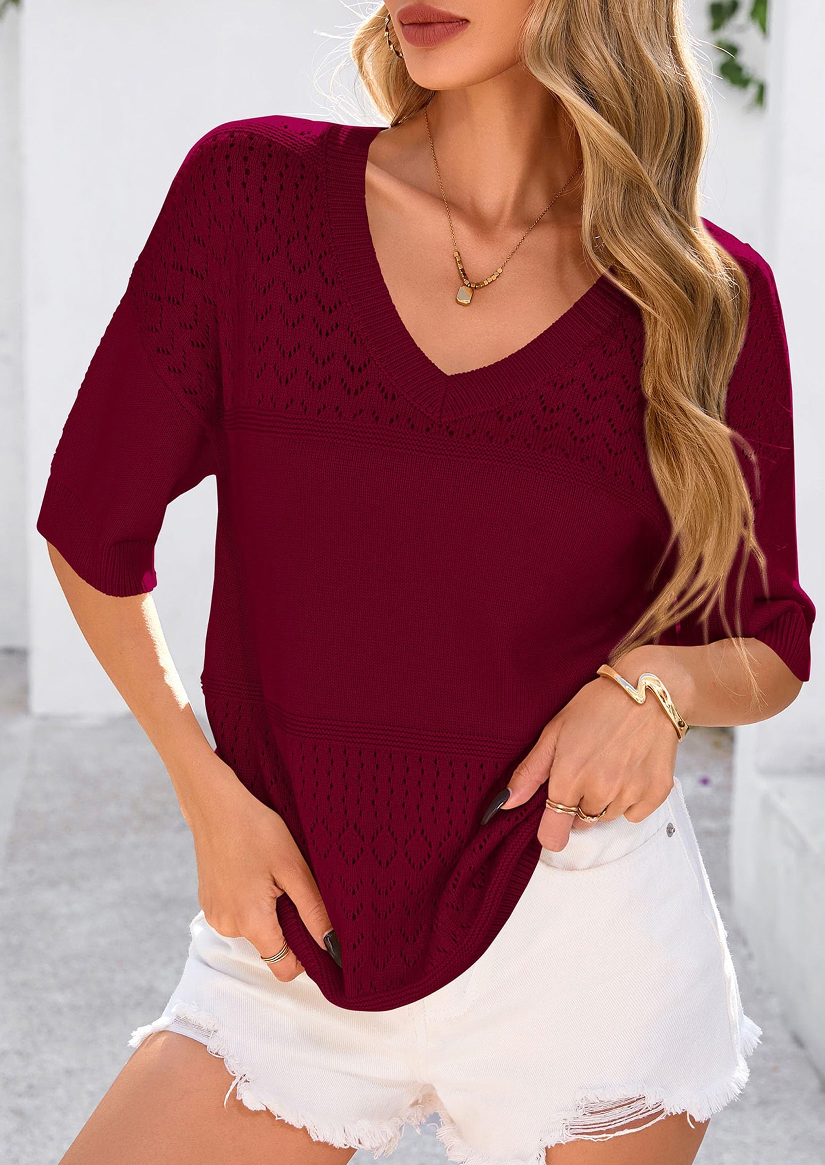 Women's Short Sleeve Sweater Tops Spring Summer Casual V Neck Ribbed Knit Trendy Eyelet Blouse T Shirts