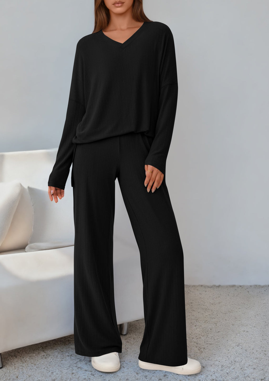 2 Piece Lounge Sets for Women Fall Outfits Casual Loose Long Sleeve Tops Wide Leg Pants Matching Pajama Set