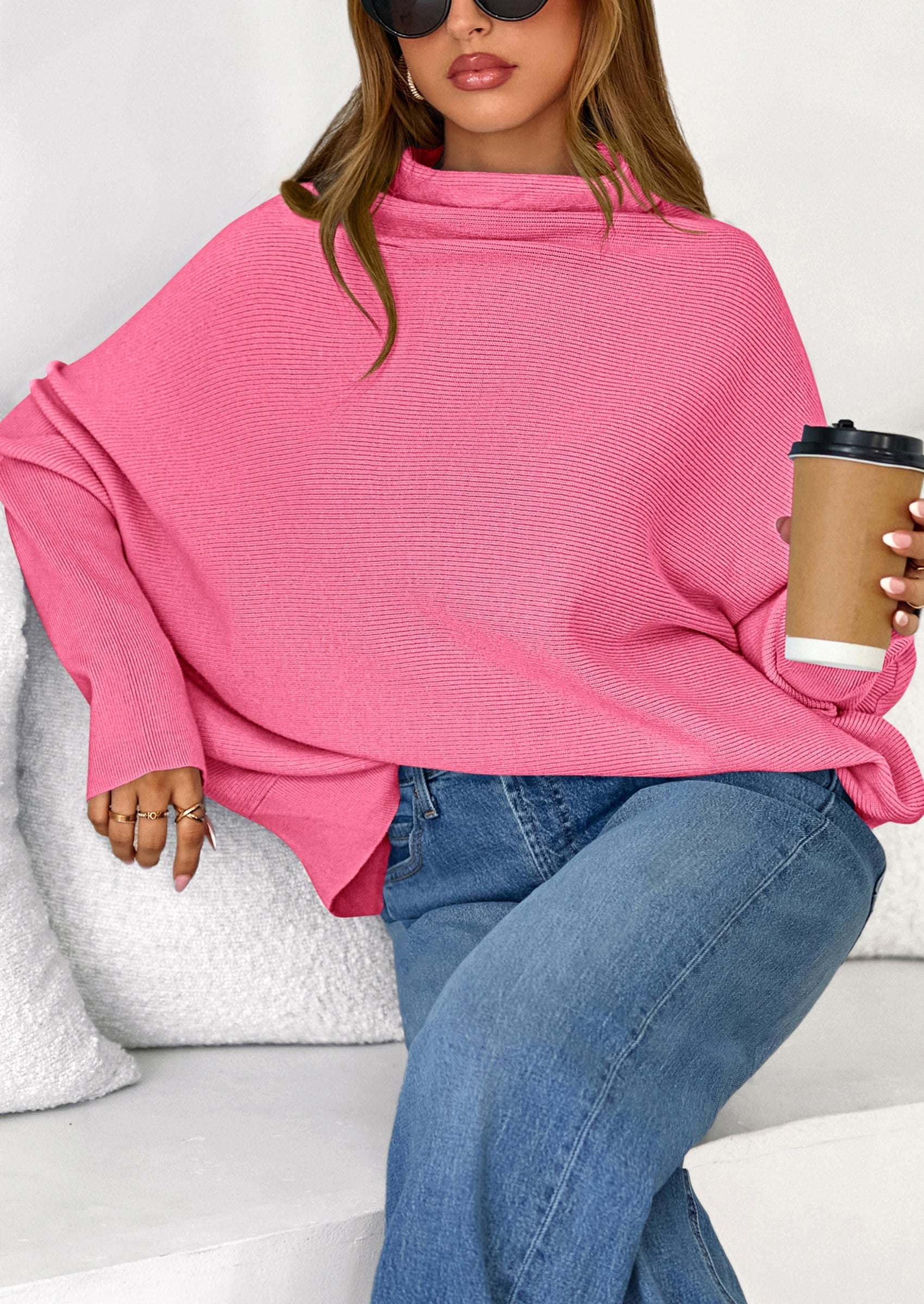 Womens Sweaters Fall Fashion Casual Loose Turtleneck Batwing Long Sleeve Knit Sweater Pullover Tops