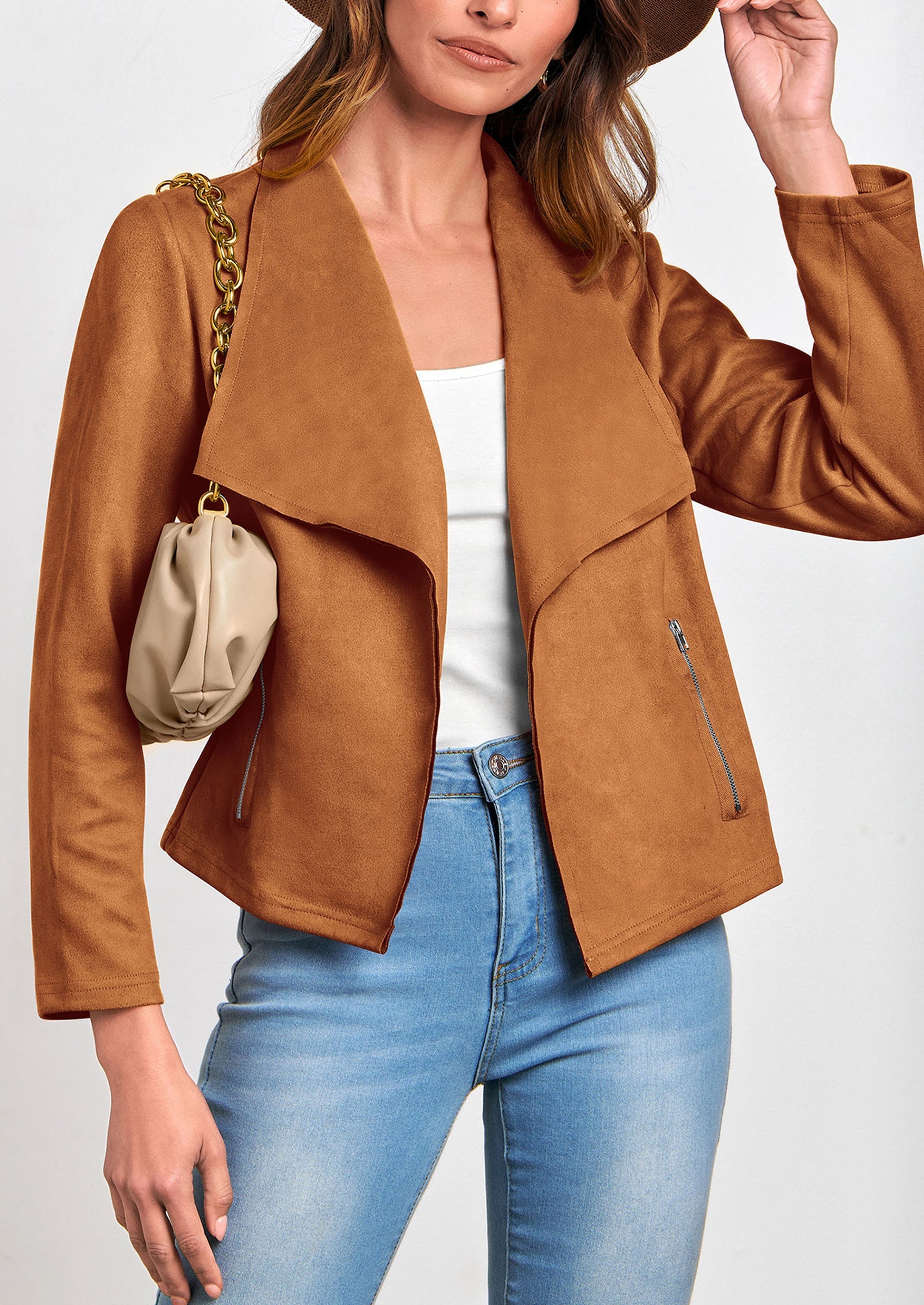 Women's Faux Suede Jackets Fashion Fall Clothes Long Sleeve Open Front Cropped Coat Outwear