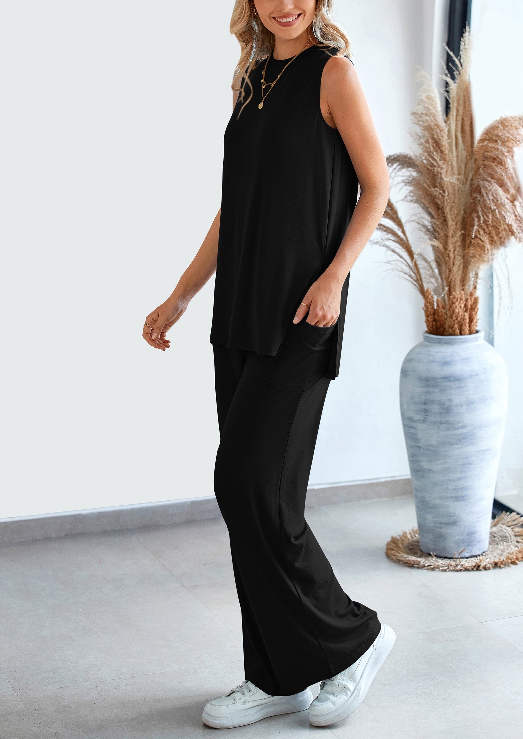 2 Piece Set Loose Tank Top Wide Leg Pants Casual Matching Outfits Tracksuit