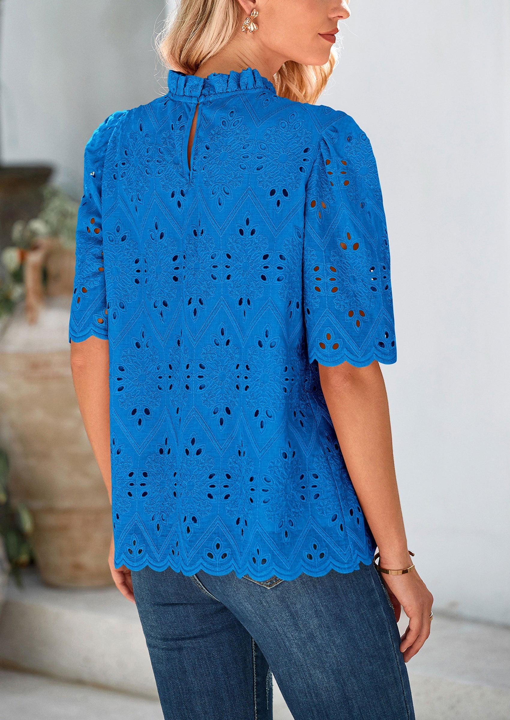 Womens Summer Tops Trendy Short Sleeve Eyelet Embroidered Dressy Casual Blouse Shirts