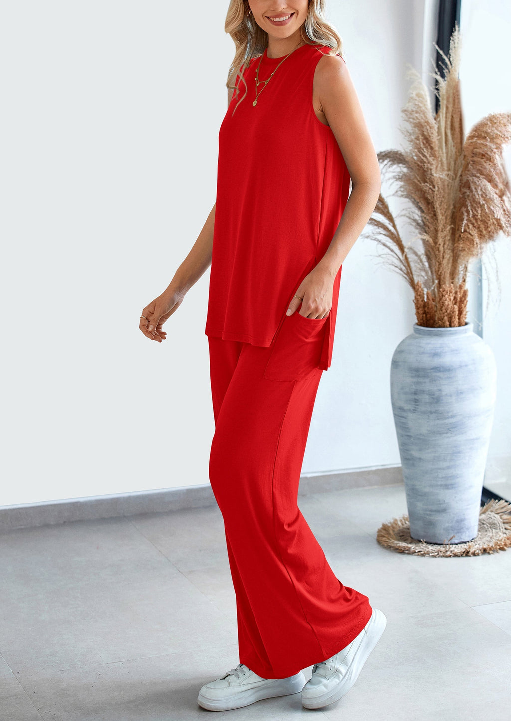 2 Piece Set Loose Tank Top Wide Leg Pants Casual Matching Outfits Tracksuit