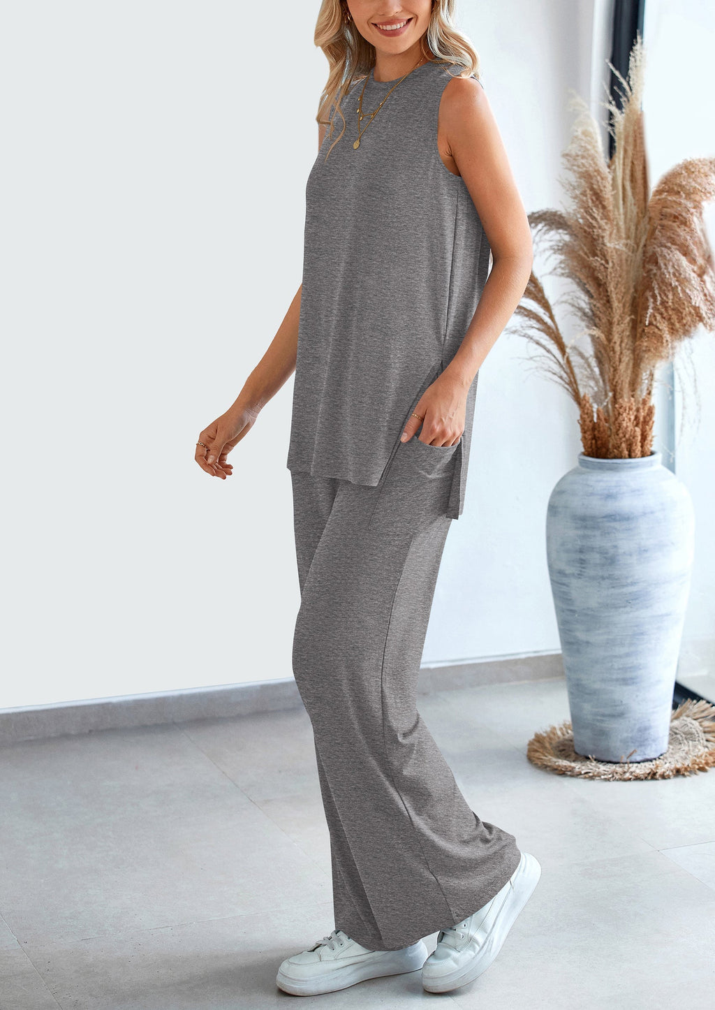 2 Piece Set Loose Tank Top Wide Leg Pants Casual Matching Outfits Tracksuit