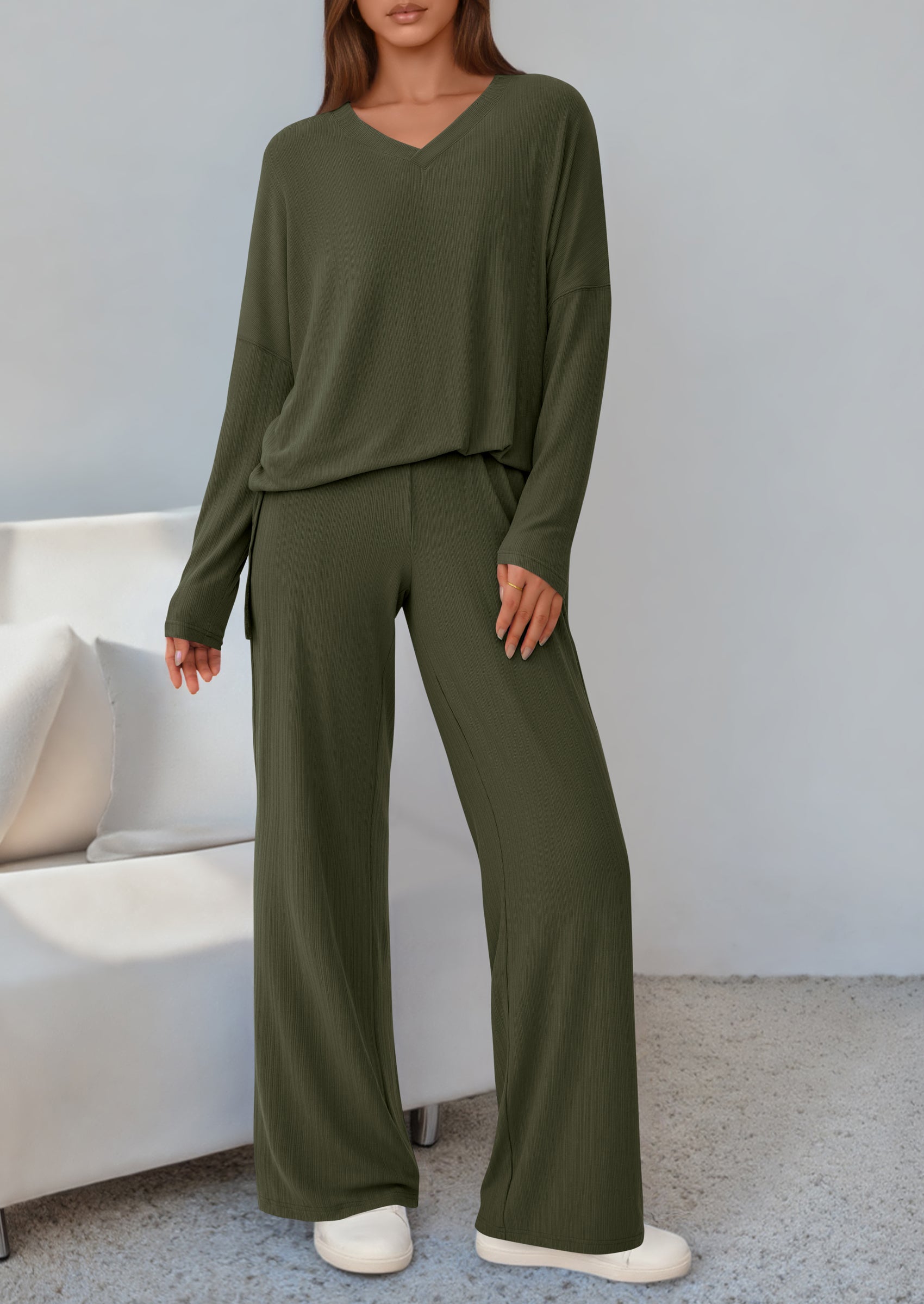 2 Piece Lounge Sets for Women Fall Outfits Casual Loose Long Sleeve Tops Wide Leg Pants Matching Pajama Set