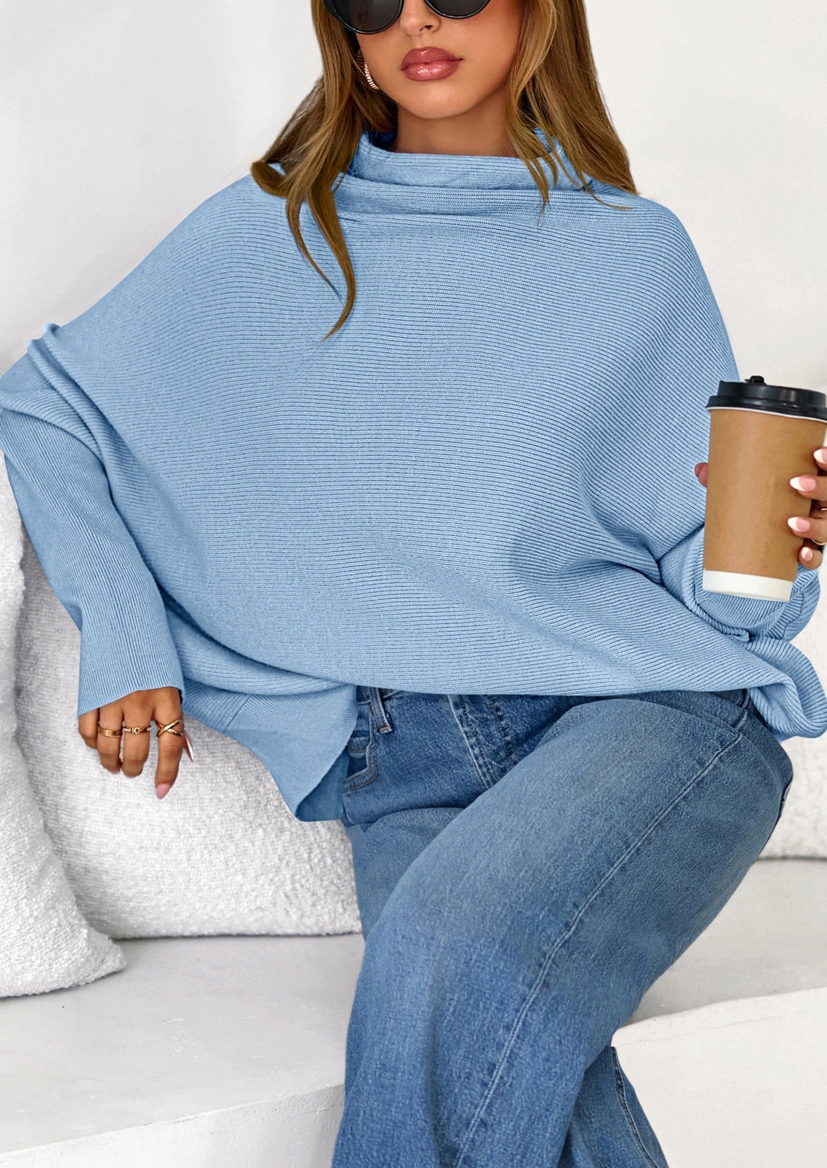 Womens Sweaters Fall Fashion Casual Loose Turtleneck Batwing Long Sleeve Knit Sweater Pullover Tops