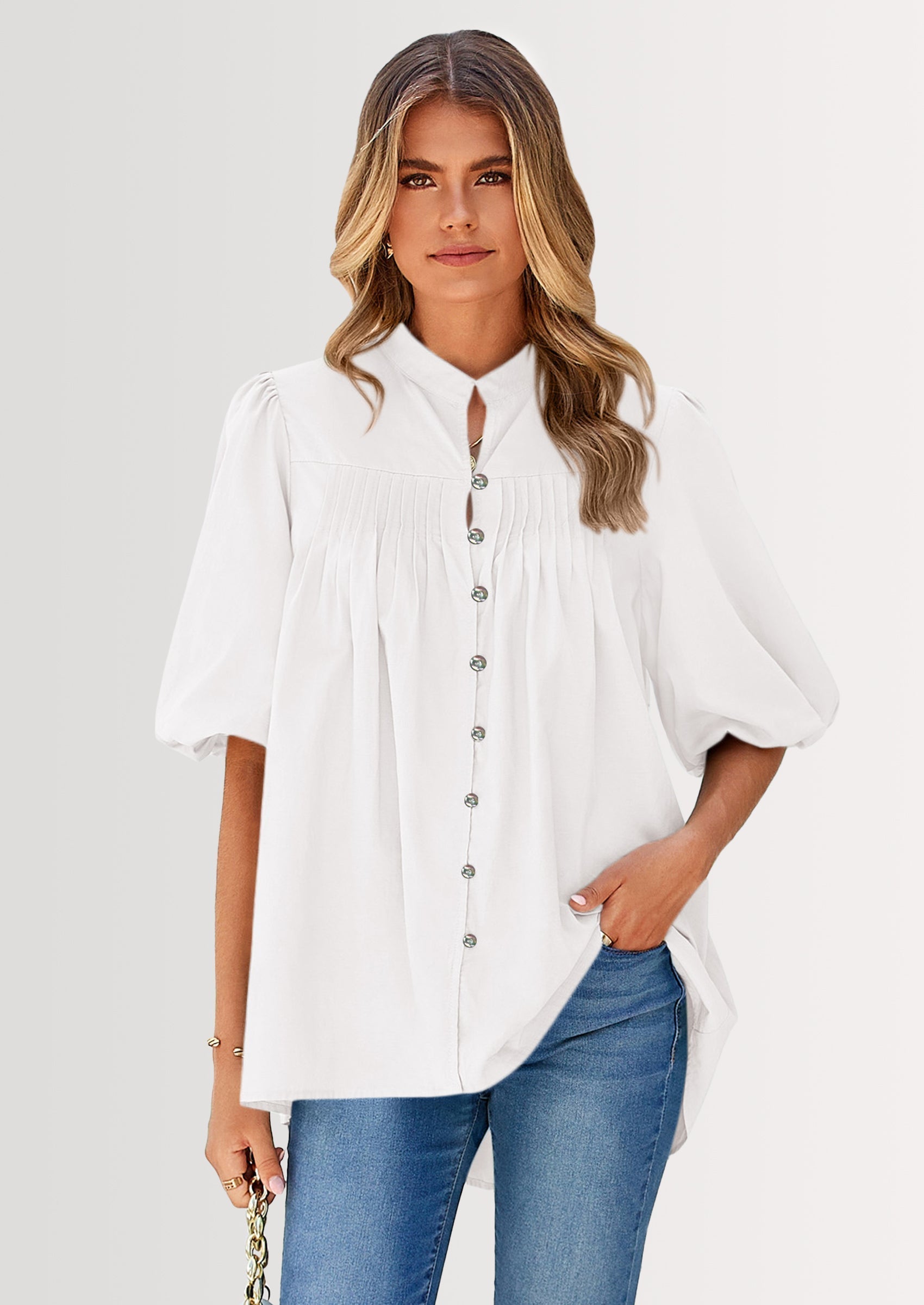 Women's Summer Short Lantern Sleeve Tops Loose Fit Button Down Shirt Casual Pleated V Neck Blouses