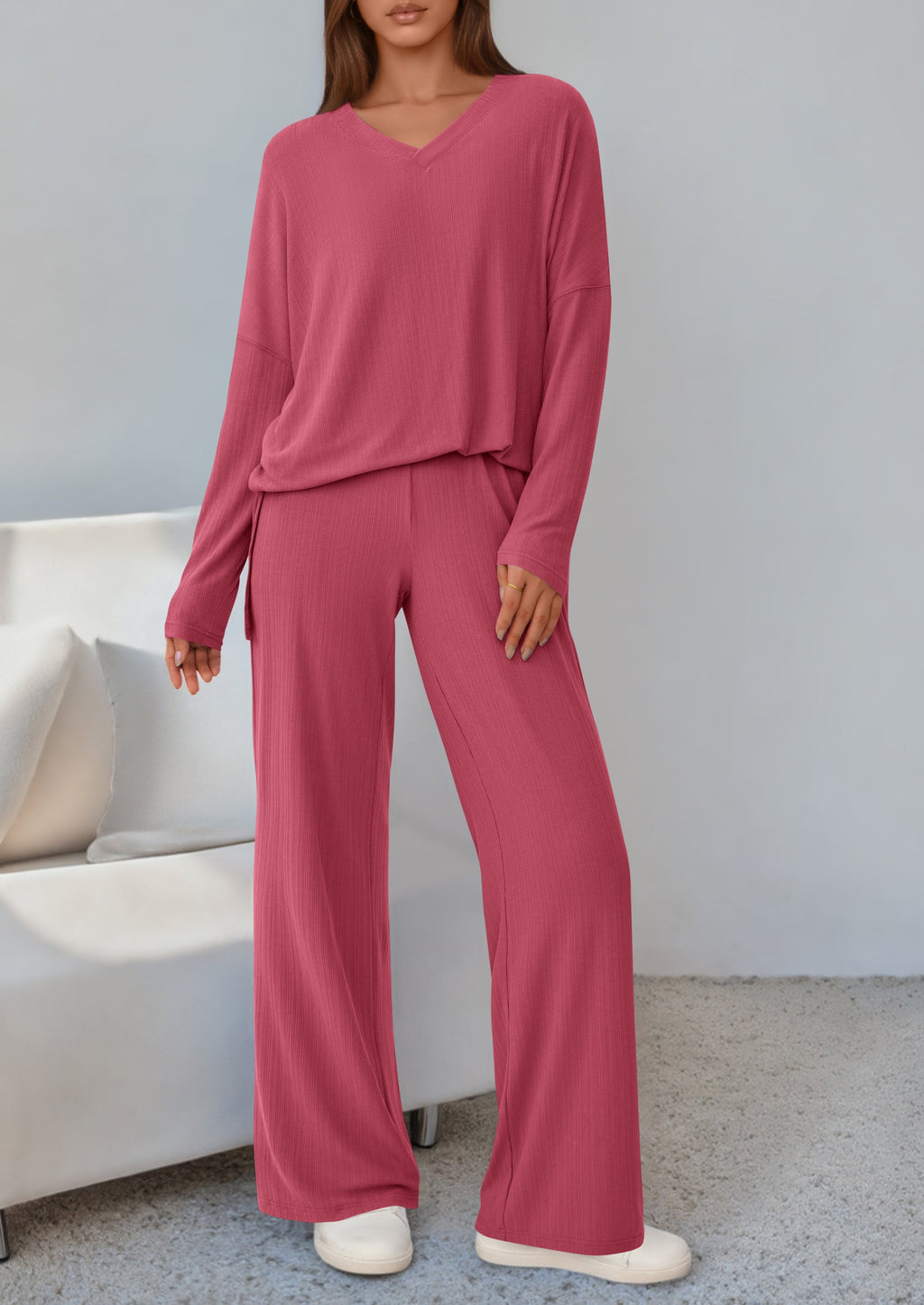 2 Piece Lounge Sets for Women Fall Outfits Casual Loose Long Sleeve Tops Wide Leg Pants Matching Pajama Set