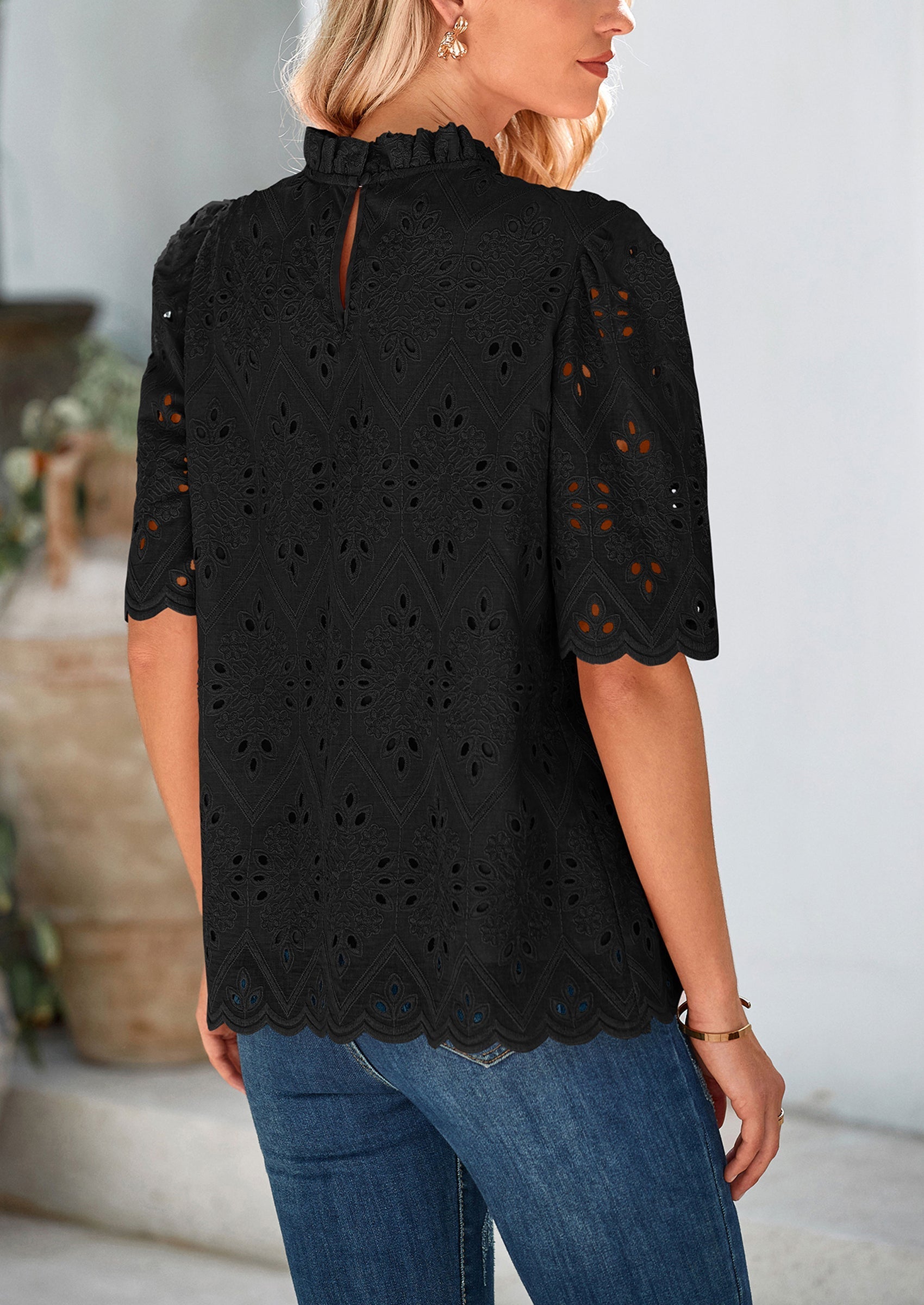 Womens Summer Tops Trendy Short Sleeve Eyelet Embroidered Dressy Casual Blouse Shirts